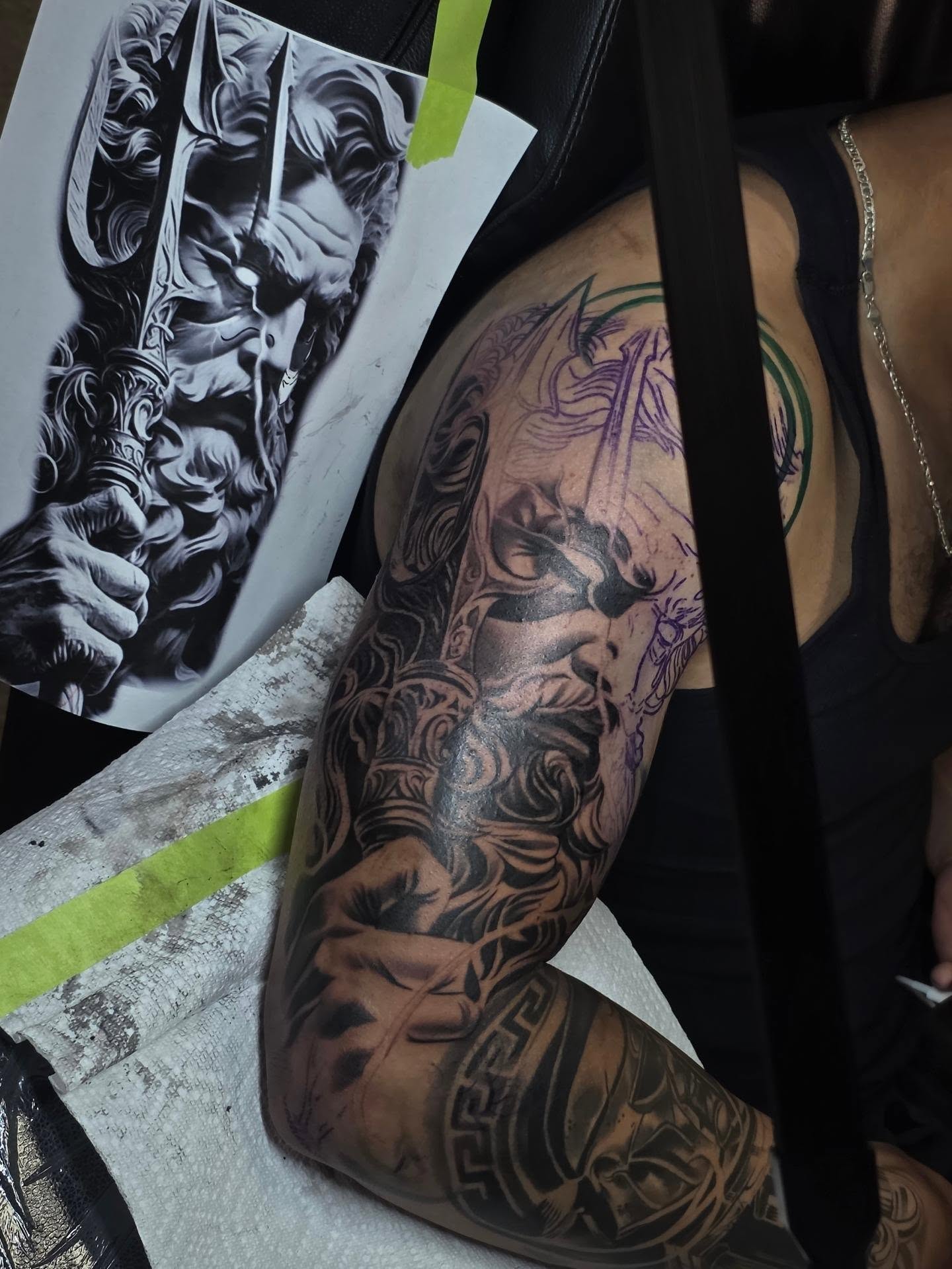 Warrior with sword black and grey tattoo on the forearm by Tattoo Seez, Wichita, Kansas