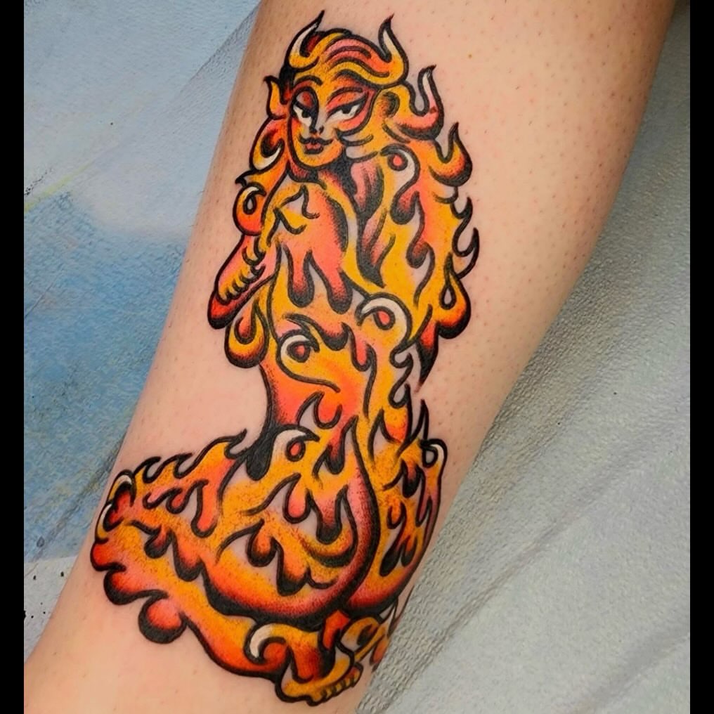 Flame woman neo-traditional tattoo on the forearm by πππππ