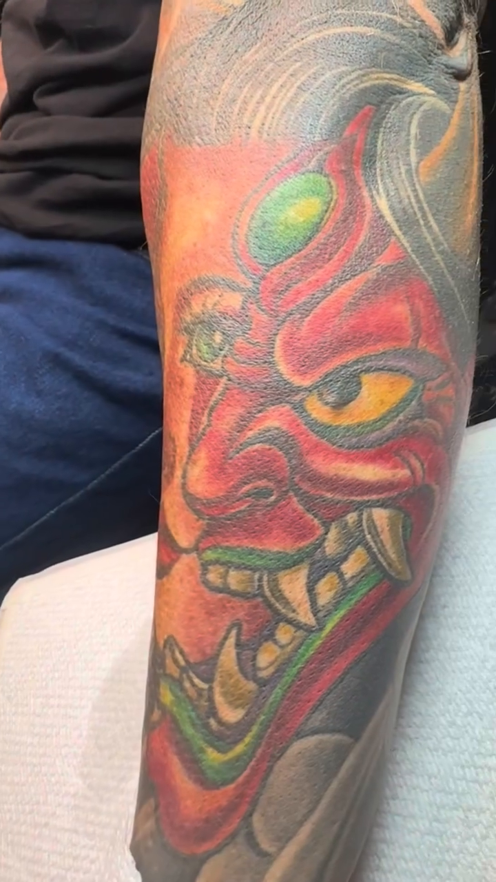 Oni mask japanese irezumi tattoo by Joe Capobianco, New Haven, Connecticut