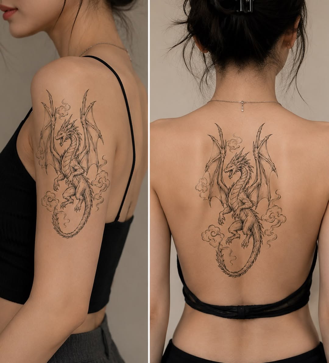Dragon with clouds cyber sigilism tattoo on the back by Ethan