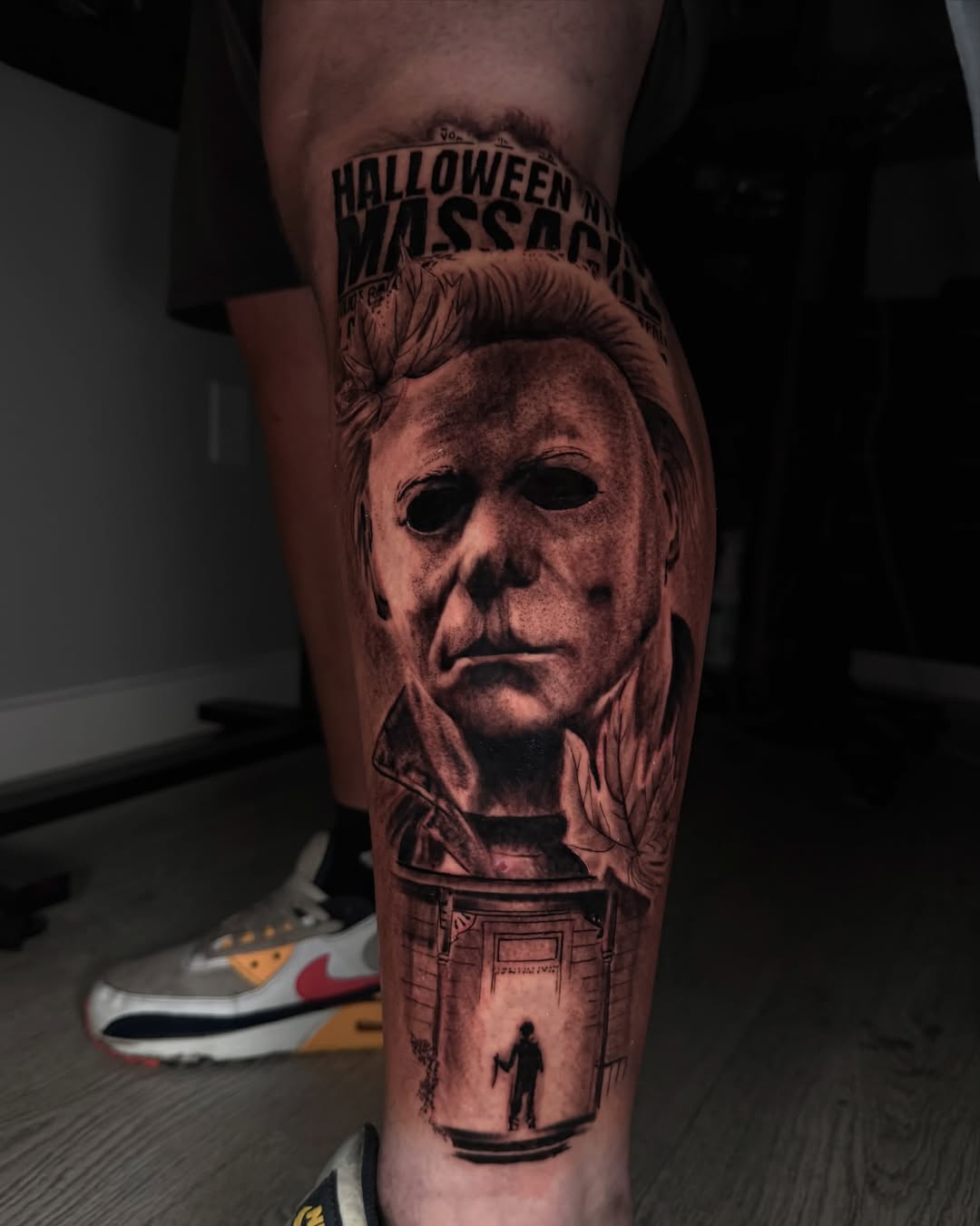Michael Myers mask realism tattoo on the forearm by Joey-tattoo Artist