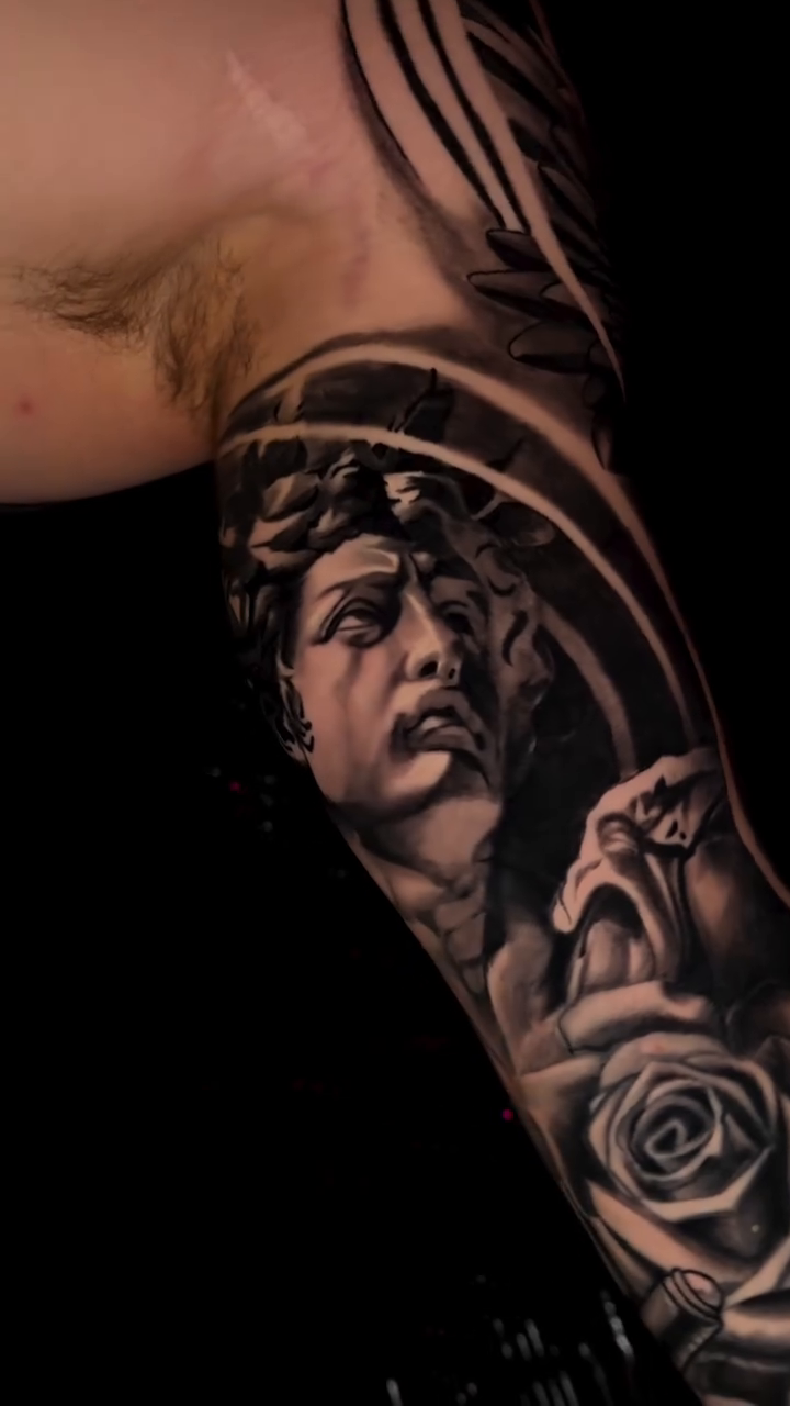 Bust of David and roses realism tattoo by Danny Aceves ✨ San Diego tattoo artist