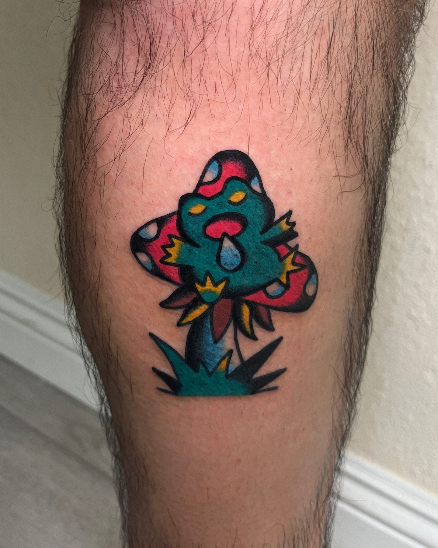 Mushroom American traditional tattoo on the thigh by Tattoo Dust ☻ Los Angeles