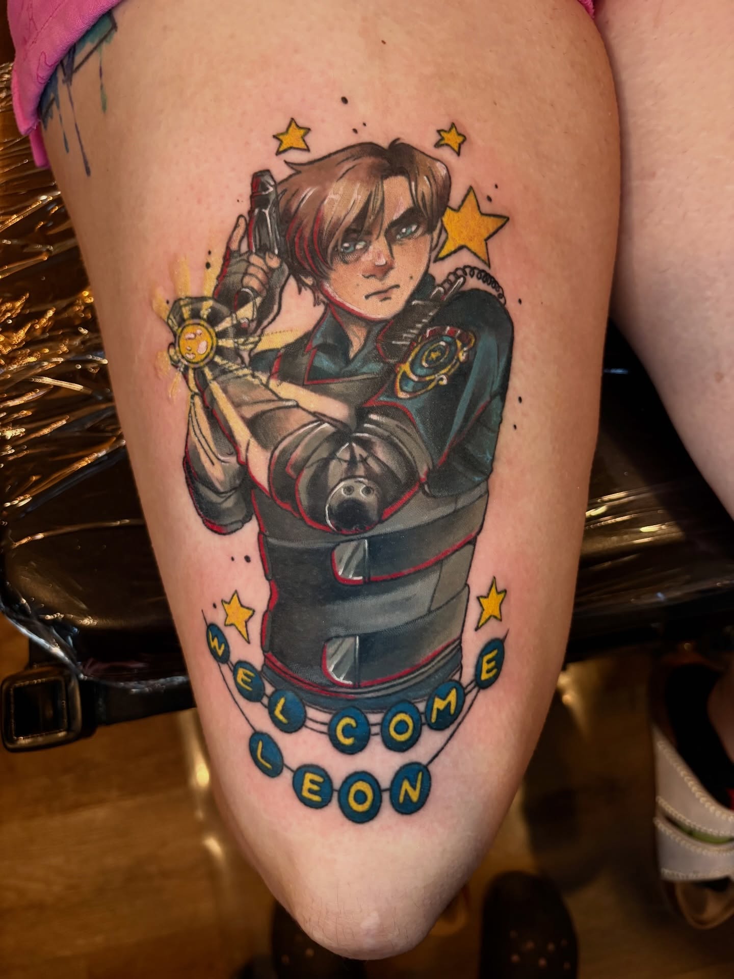 Leon Kennedy realism tattoo on the thigh by Callum