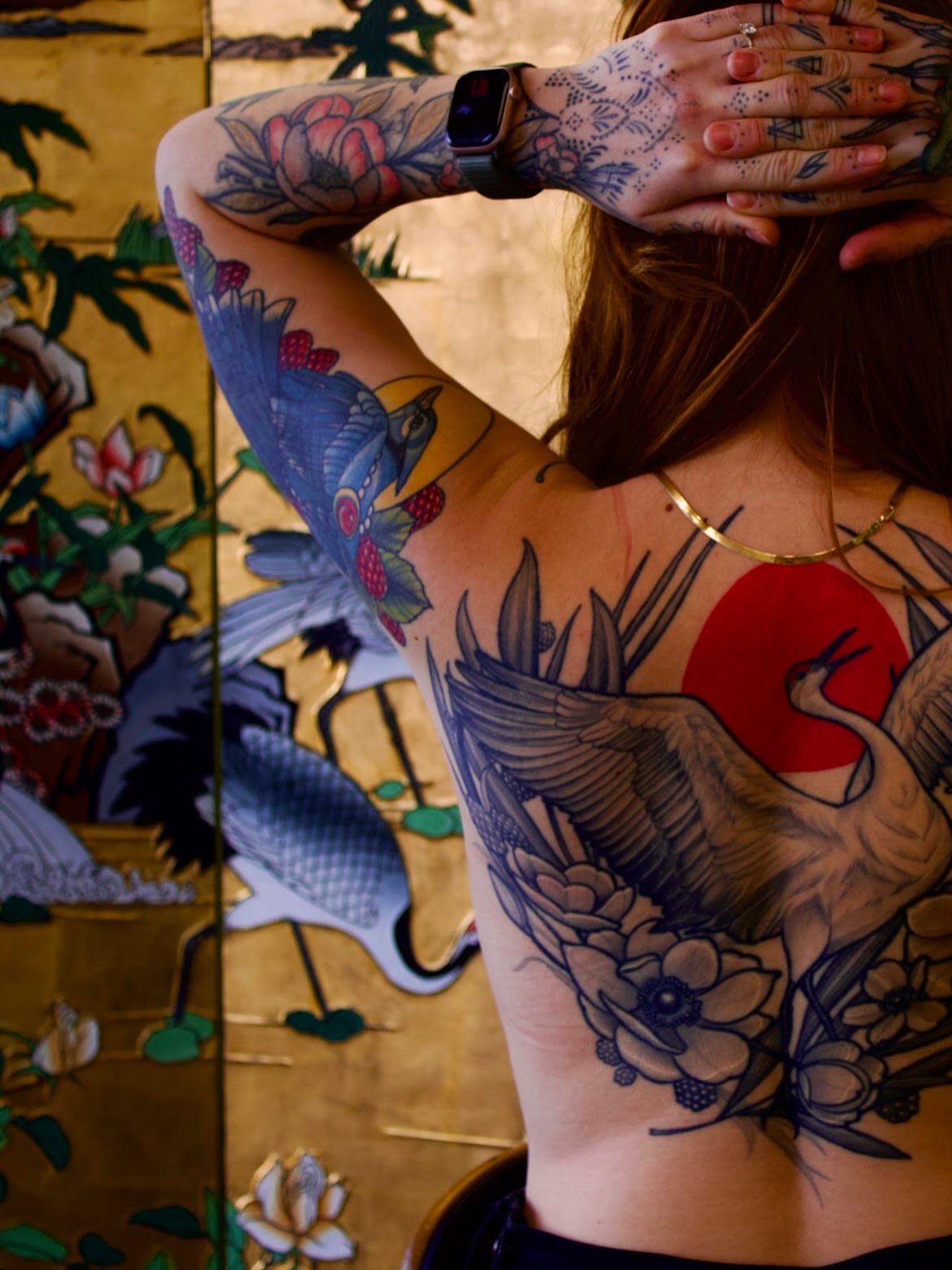 Japanese crane and sun japanese irezumi tattoo on the back by ✨Erin Haines✨