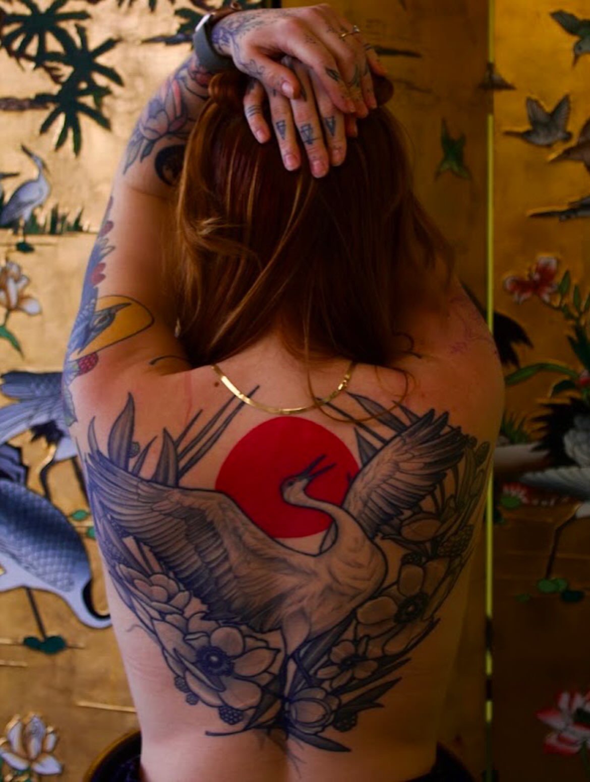 Cranes and sun American traditional tattoo on the back by ✨Erin Haines✨