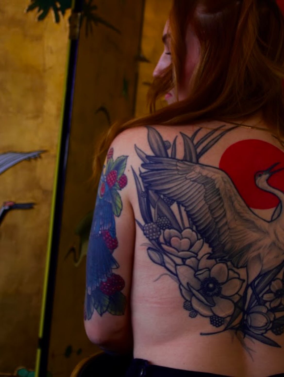 Crane and floral japanese irezumi tattoo on the back by ✨Erin Haines✨