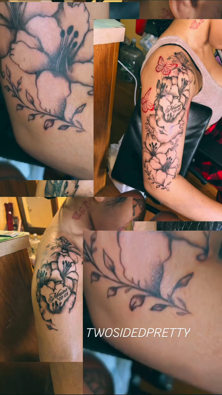 Flower and butterfly tattoo on the upper arm by @twosidedpretty