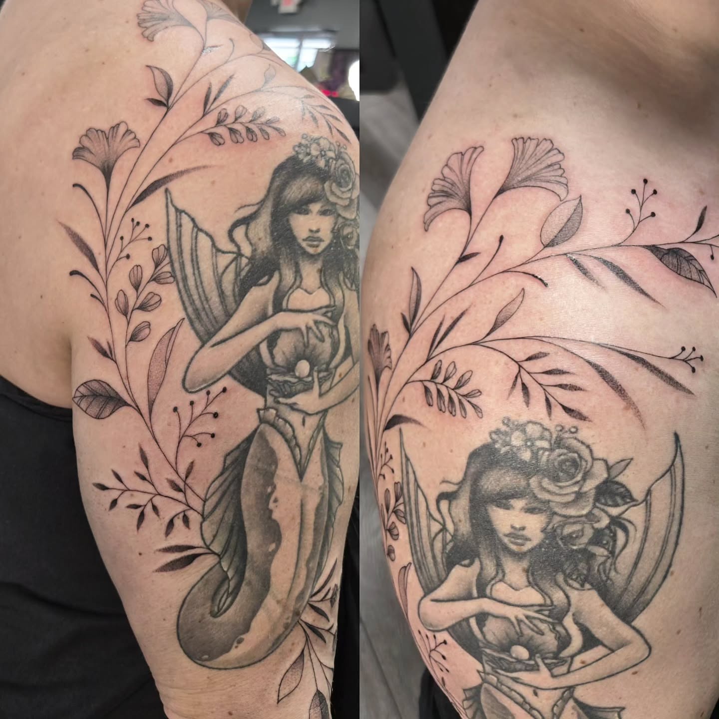 Woman with roses realism tattoo on the shoulder by Britty Love, Nashville, Tennessee