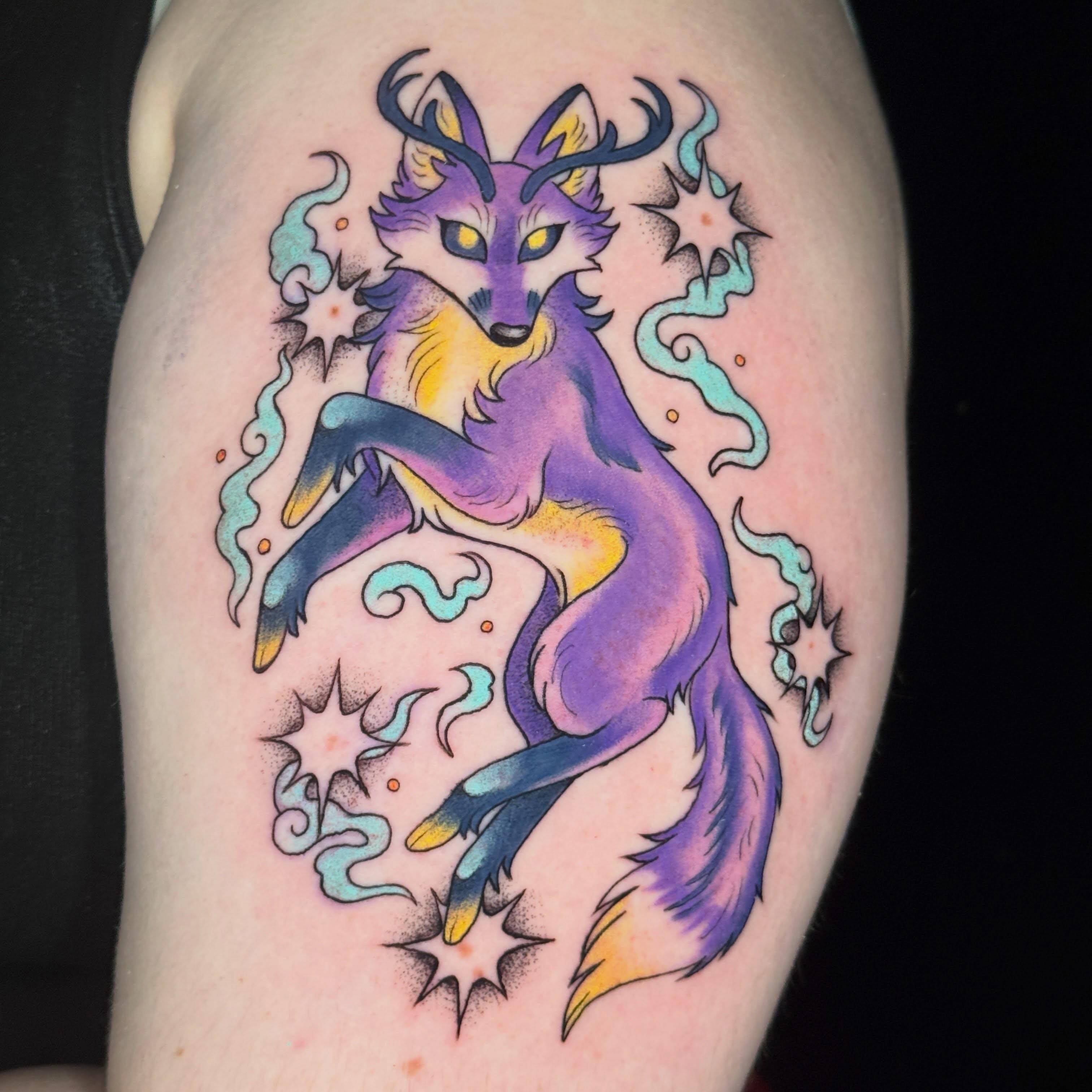 Fox dotwork tattoo on the thigh by liam u. williams