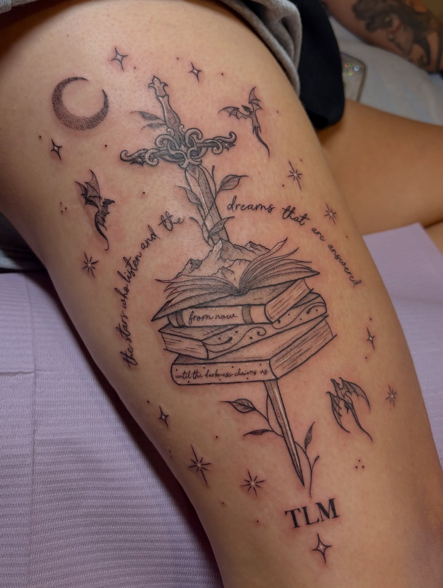 Book and cross black and grey tattoo on the thigh by Jen Osborne ♡ Cincinnati Tattoo Artist