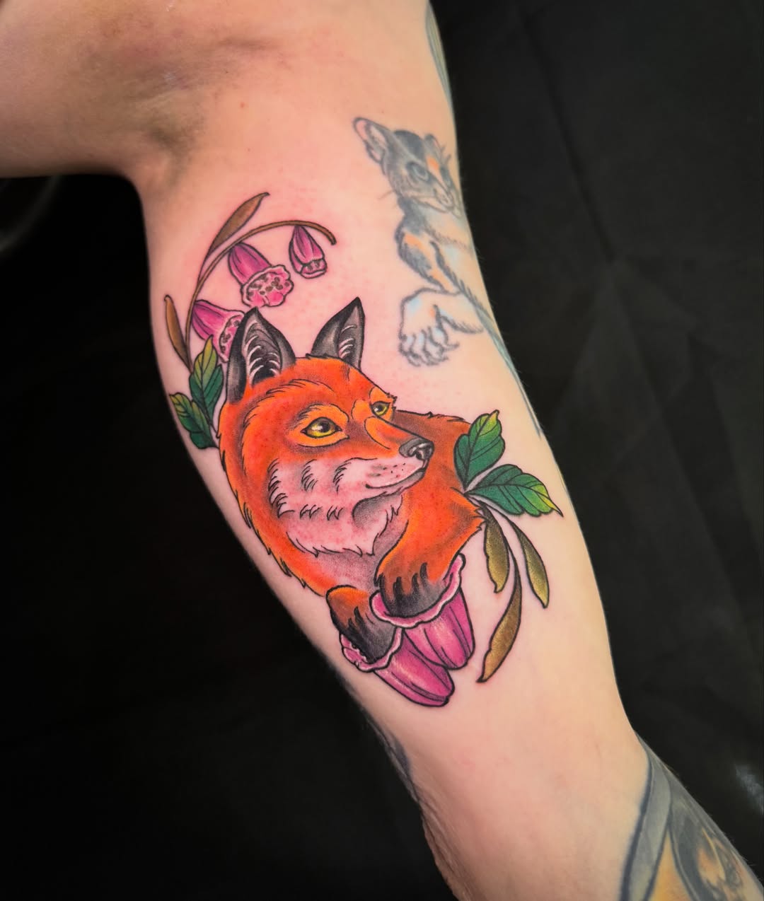 Fox and flowers American traditional tattoo on the forearm by Dee Florian