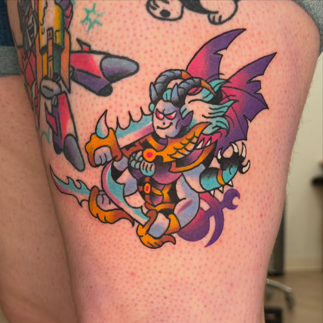 Demon character American traditional tattoo on the thigh by Gus Roach Graves