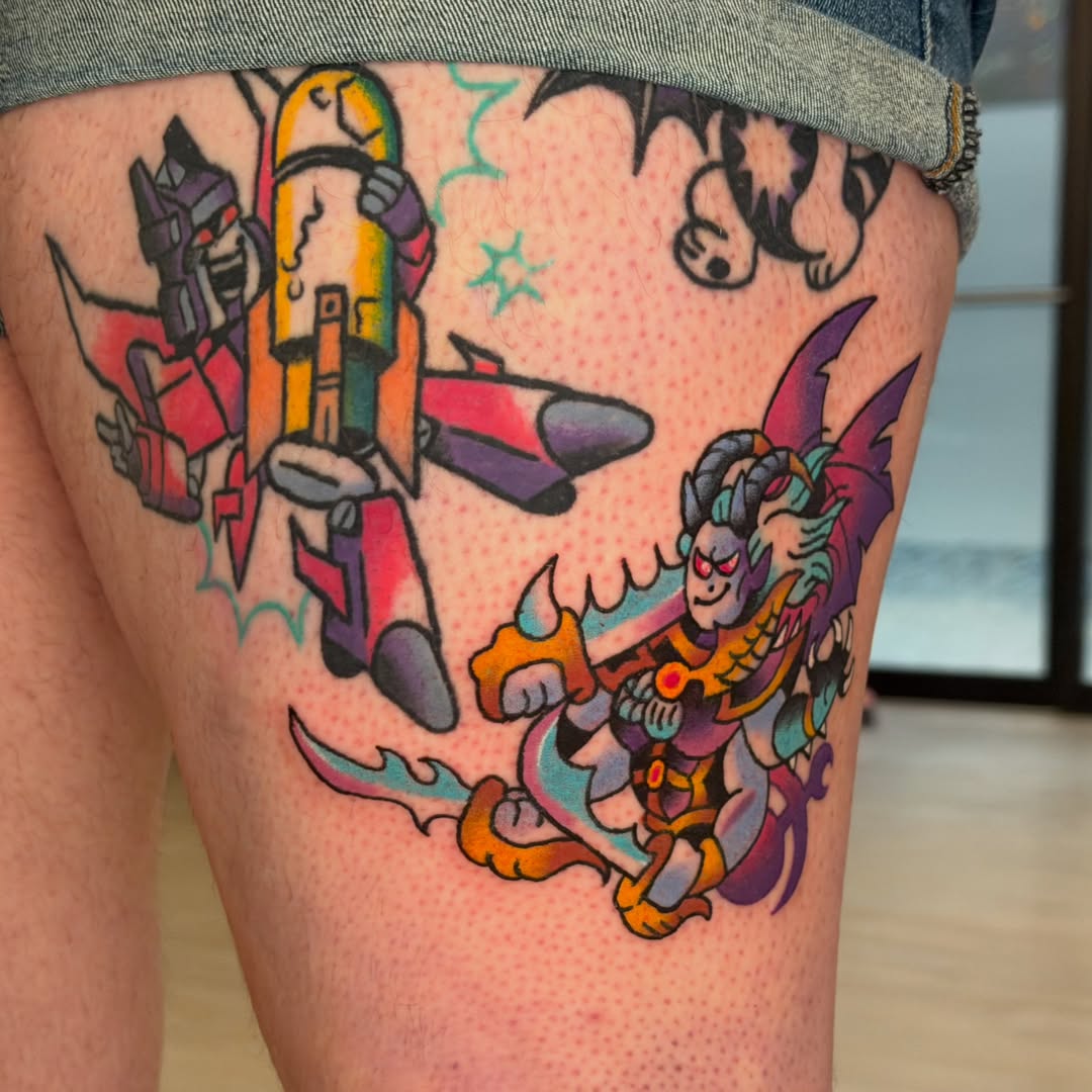 Mecha and demon dotwork tattoo on the thigh by Gus Roach Graves