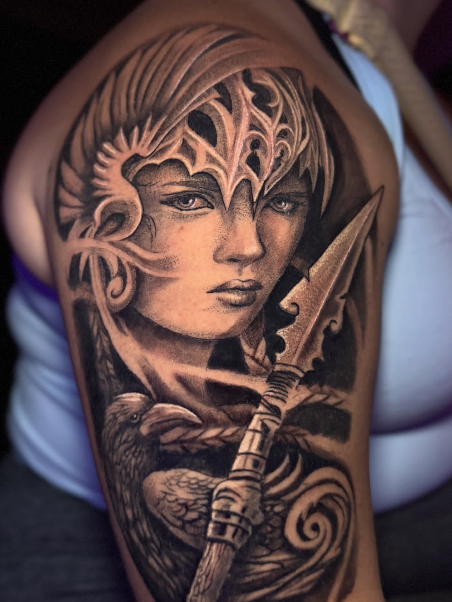 Woman warrior realism tattoo on the shoulder by Jarrod Gatzke