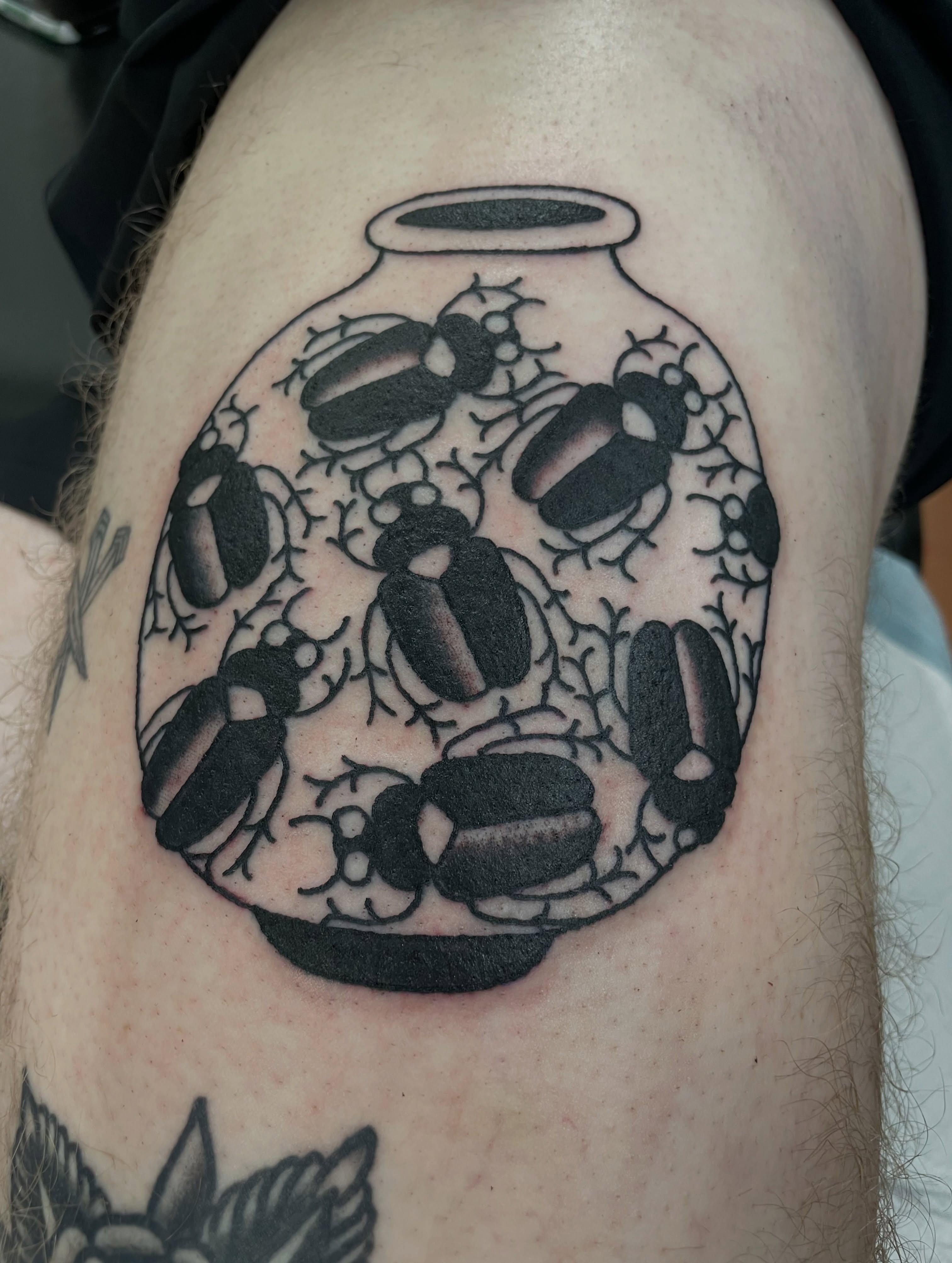 Insects in jar black and grey tattoo on the thigh by @pizzabref