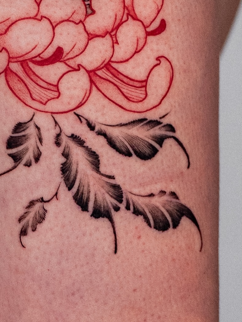Floral arrangement black and grey tattoo on the forearm by Kalin, Seattle, Washington