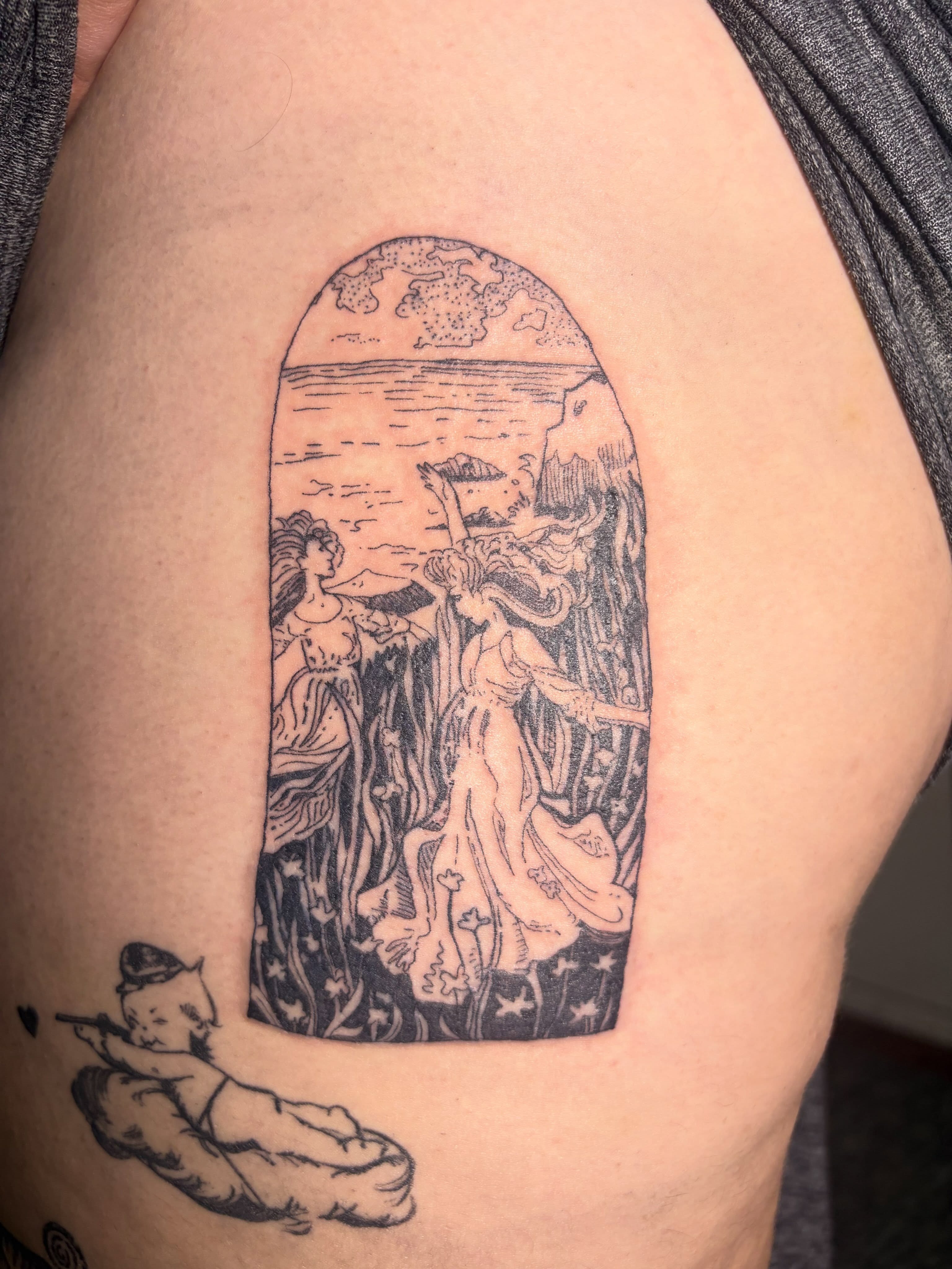 Mythical figures black and grey tattoo on the thigh by Mattie Robinson