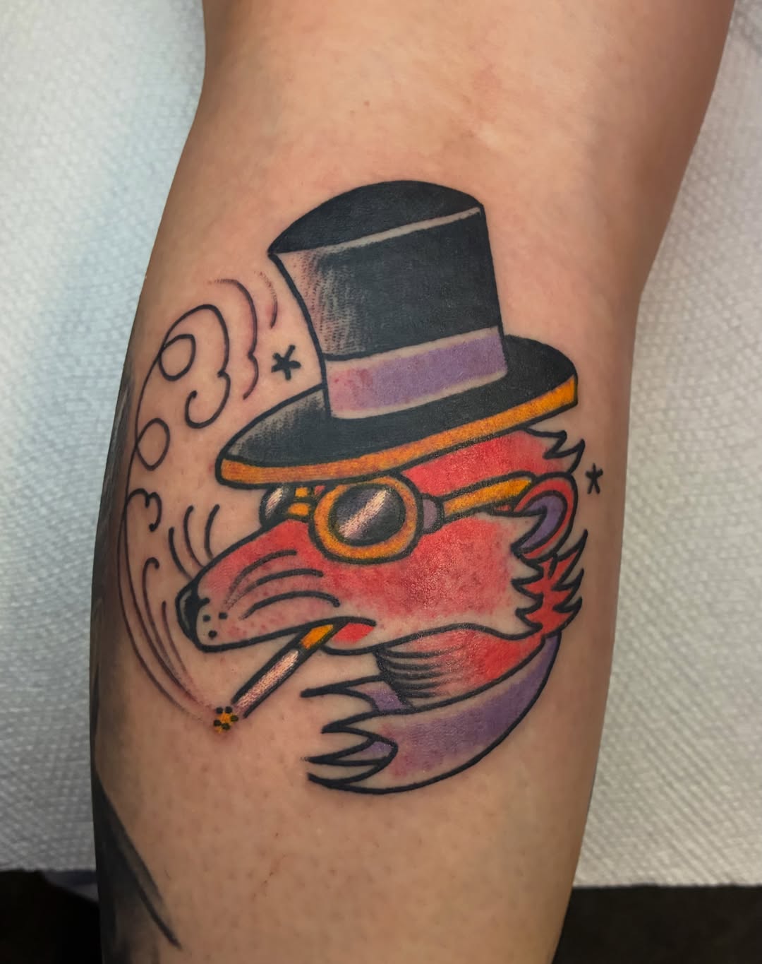 Fox wearing top hat American traditional tattoo on the forearm by Joey Knuckles