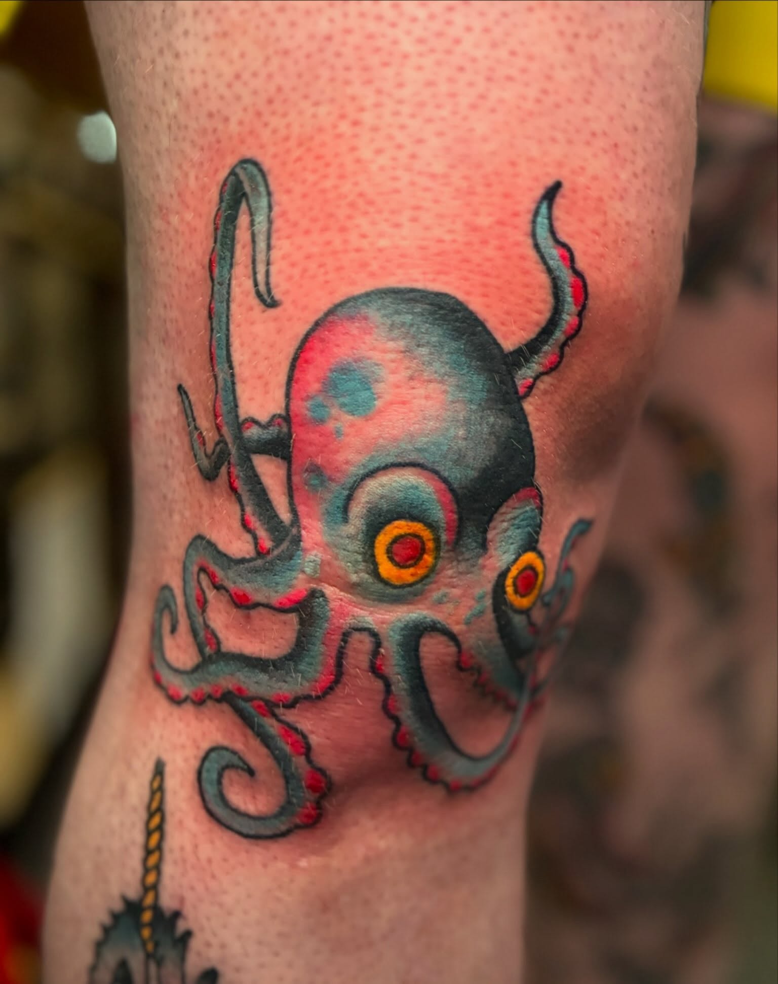 Octopus American traditional tattoo on the forearm by Joey Knuckles