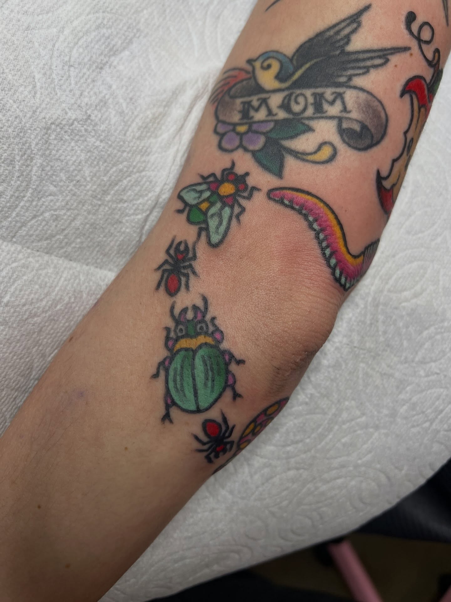 Insect and bird American traditional tattoo on the forearm by Leo 🌞 Pdx Tattoo