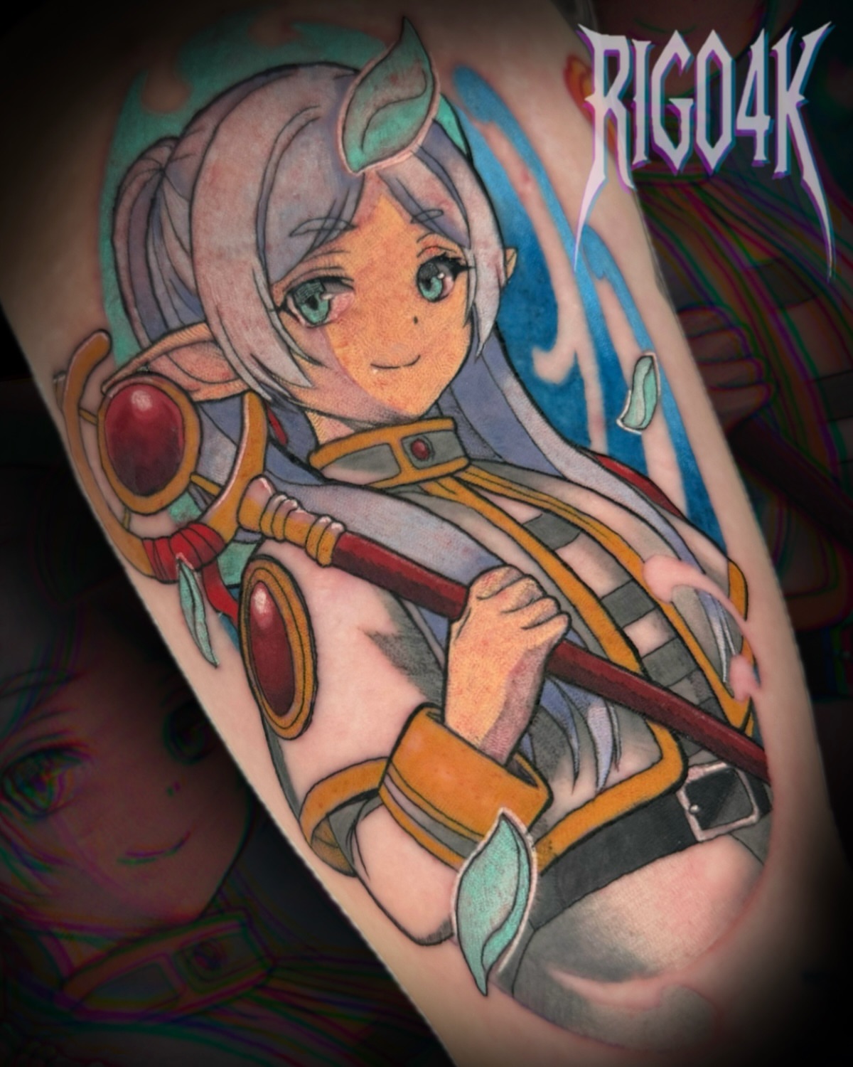 Elf character anime tattoo on the forearm by Rigo4k