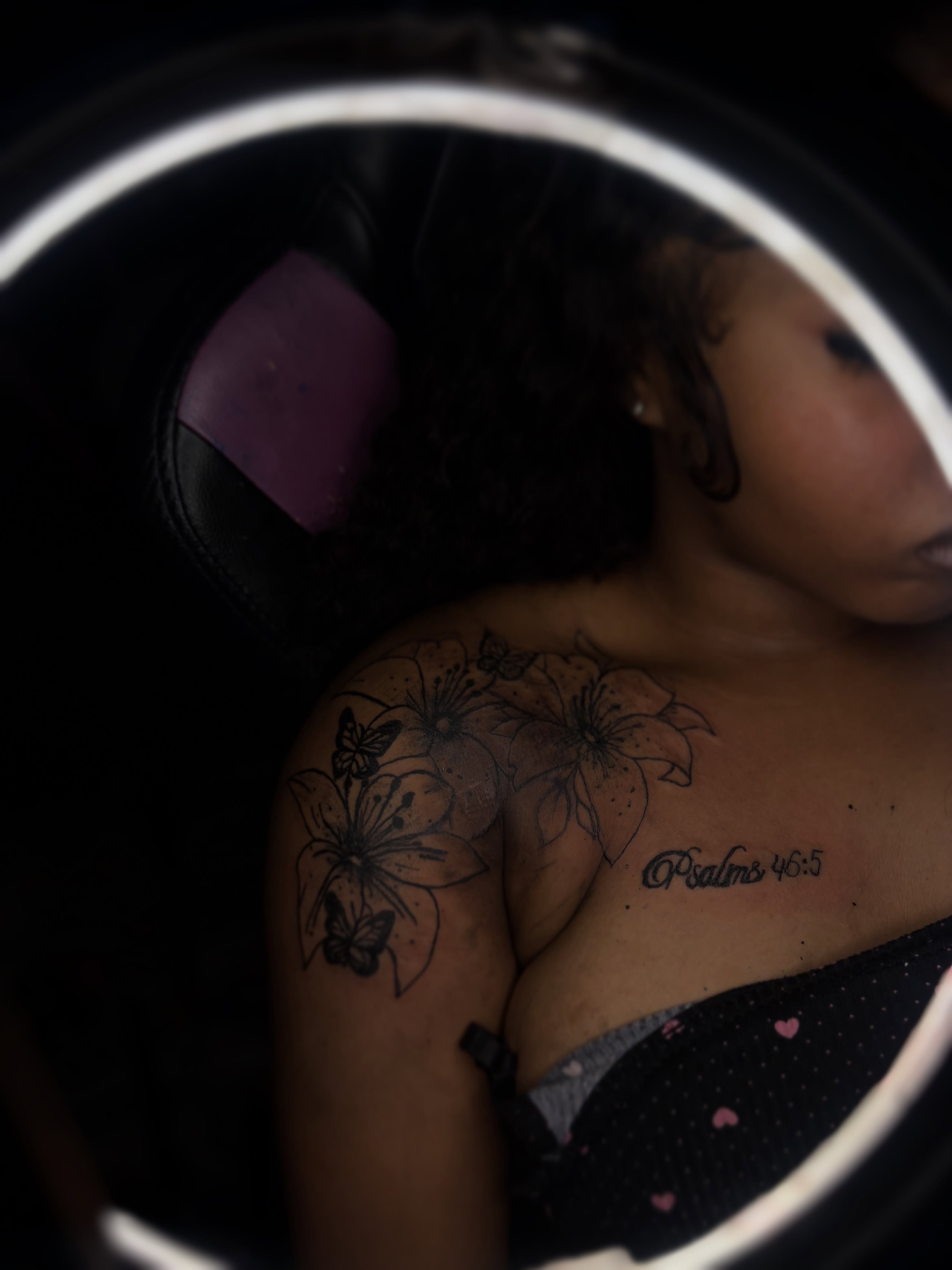 Flowers and butterflies dotwork tattoo on the shoulder by Winter j