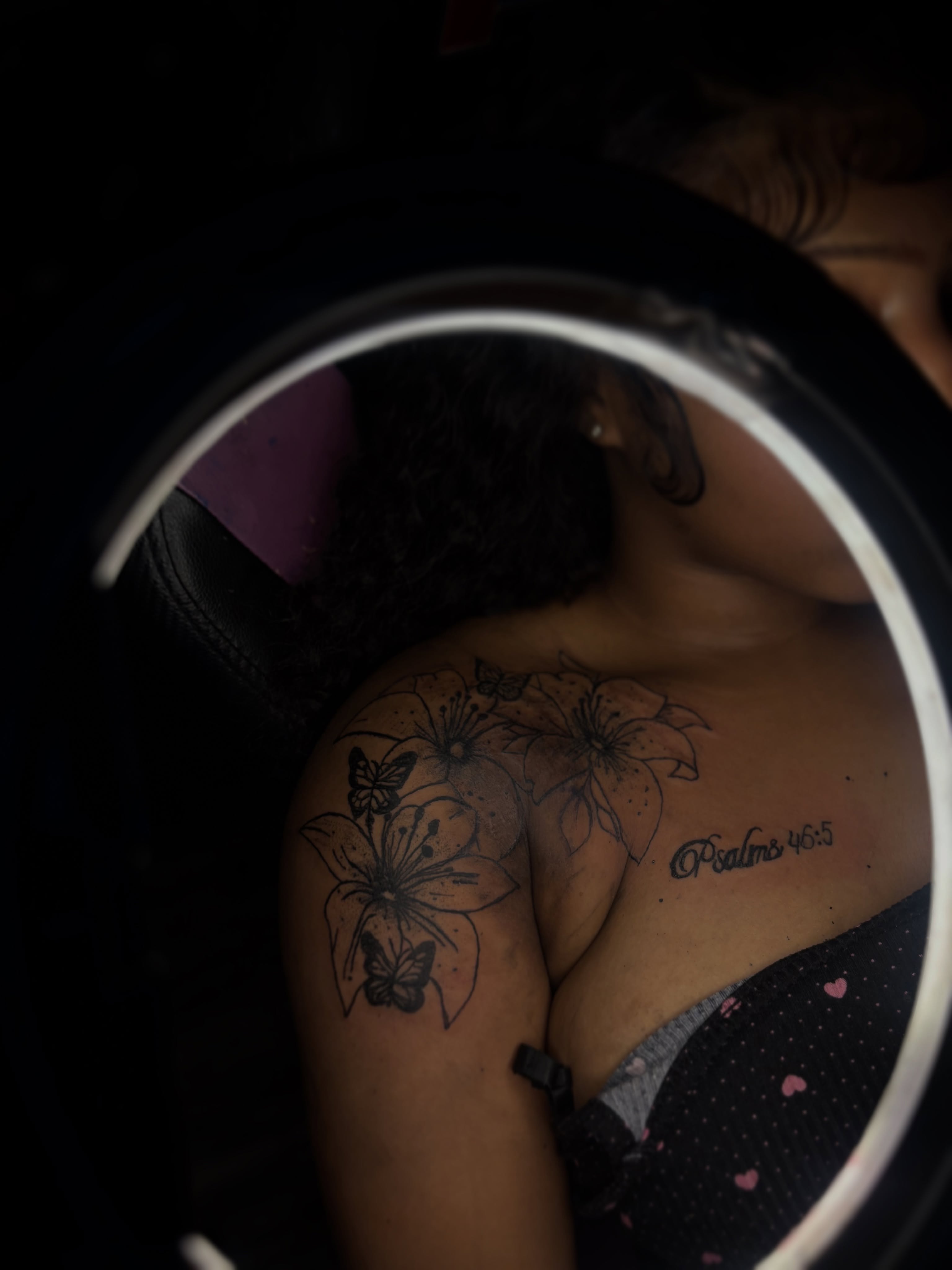Lilies and butterflies black and grey tattoo on the shoulder by Winter j
