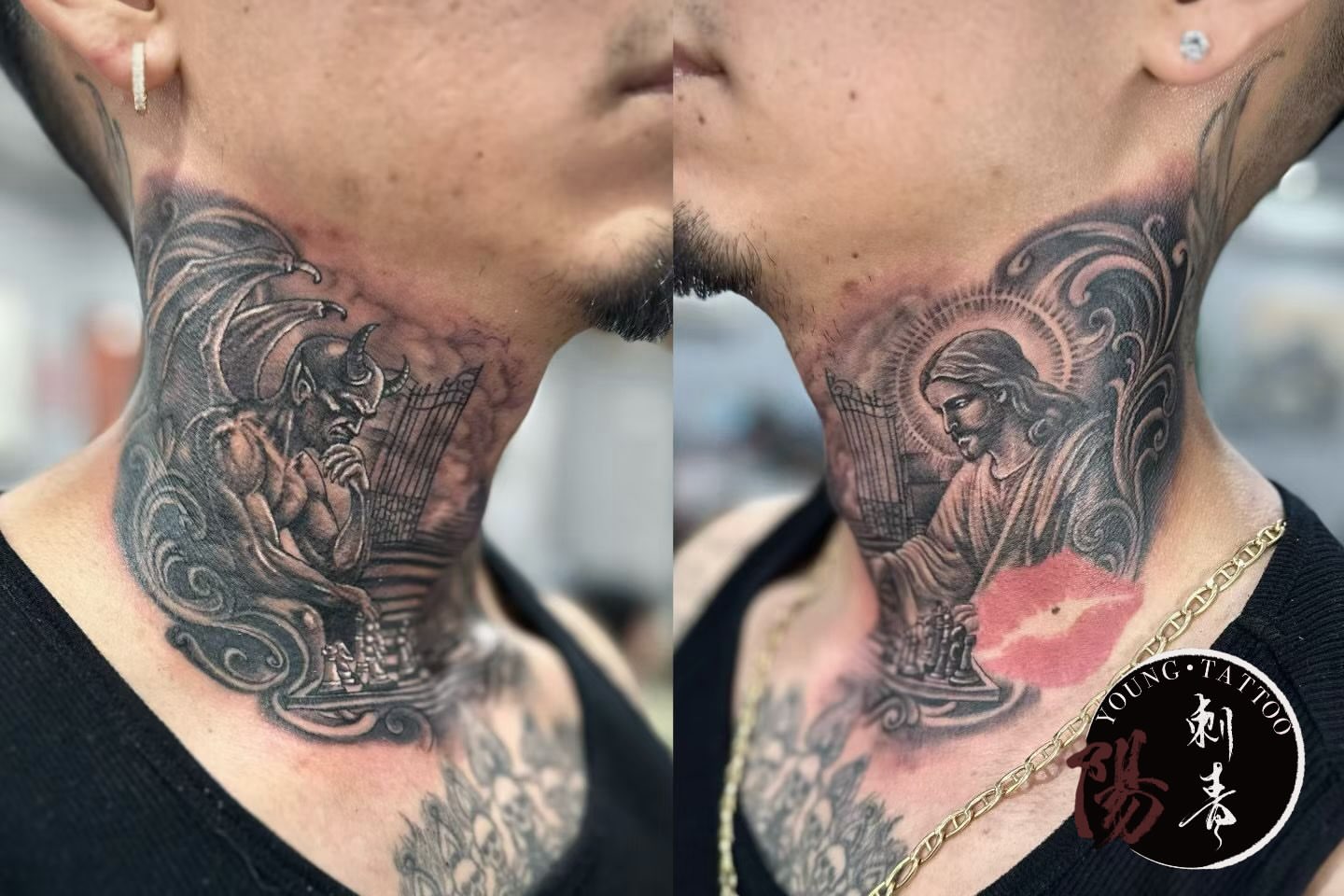 Devil and angel realism tattoo on the neck by Ying