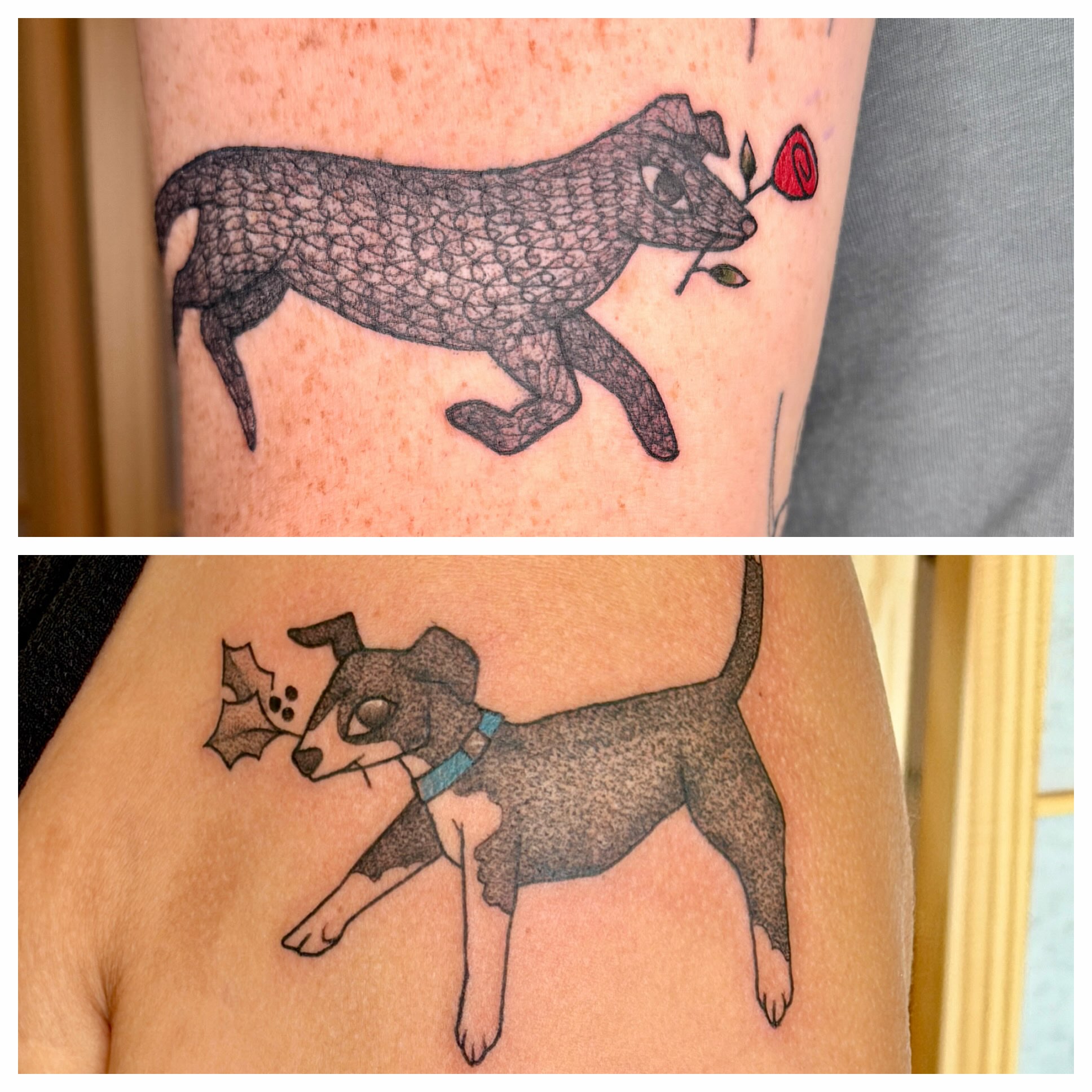 Dog with rose dotwork tattoo on the forearm by Tattoos by Caroline Martin🌻🐝✨
