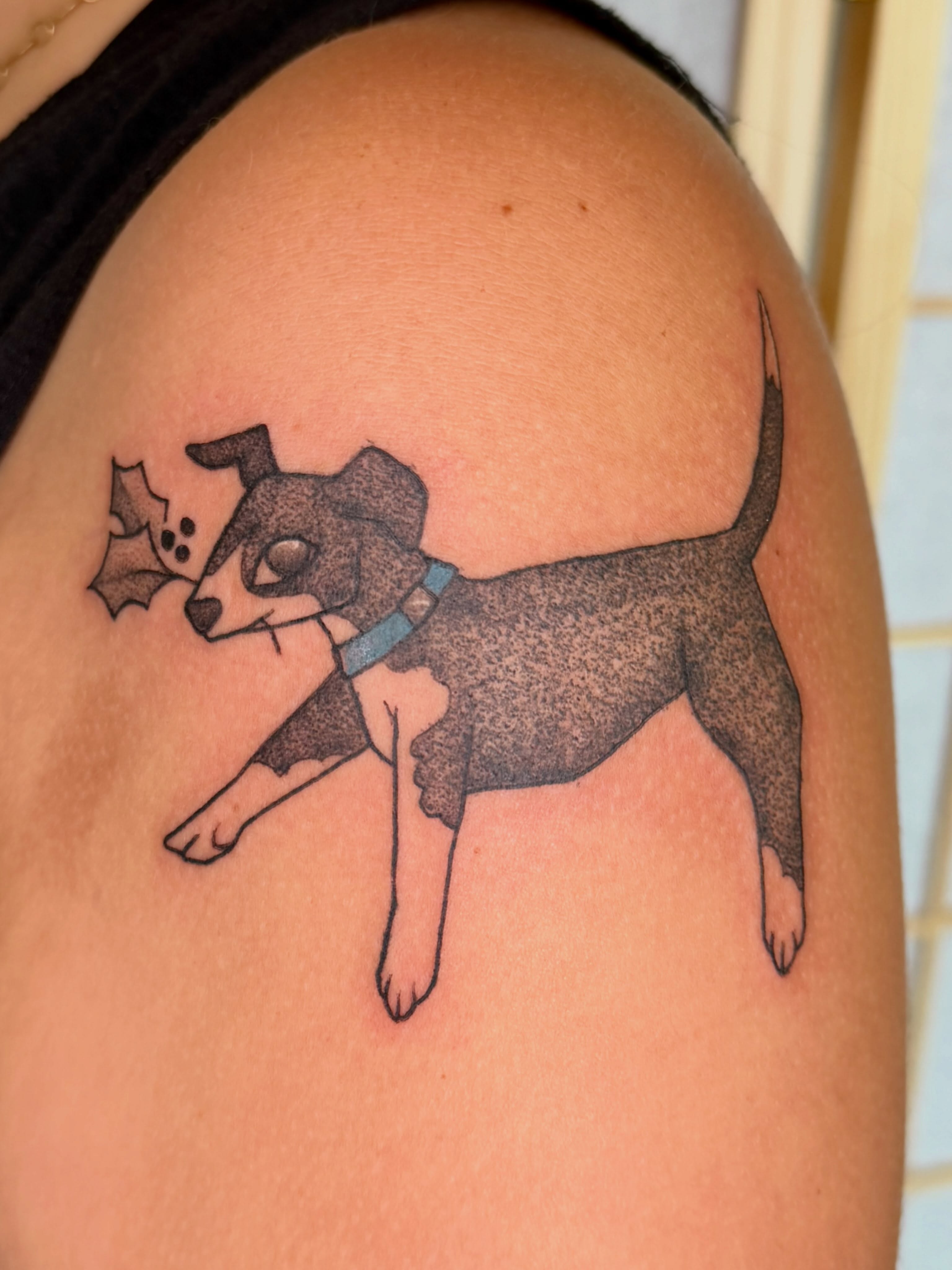 Dog dotwork tattoo on the shoulder by Tattoos by Caroline Martin🌻🐝✨