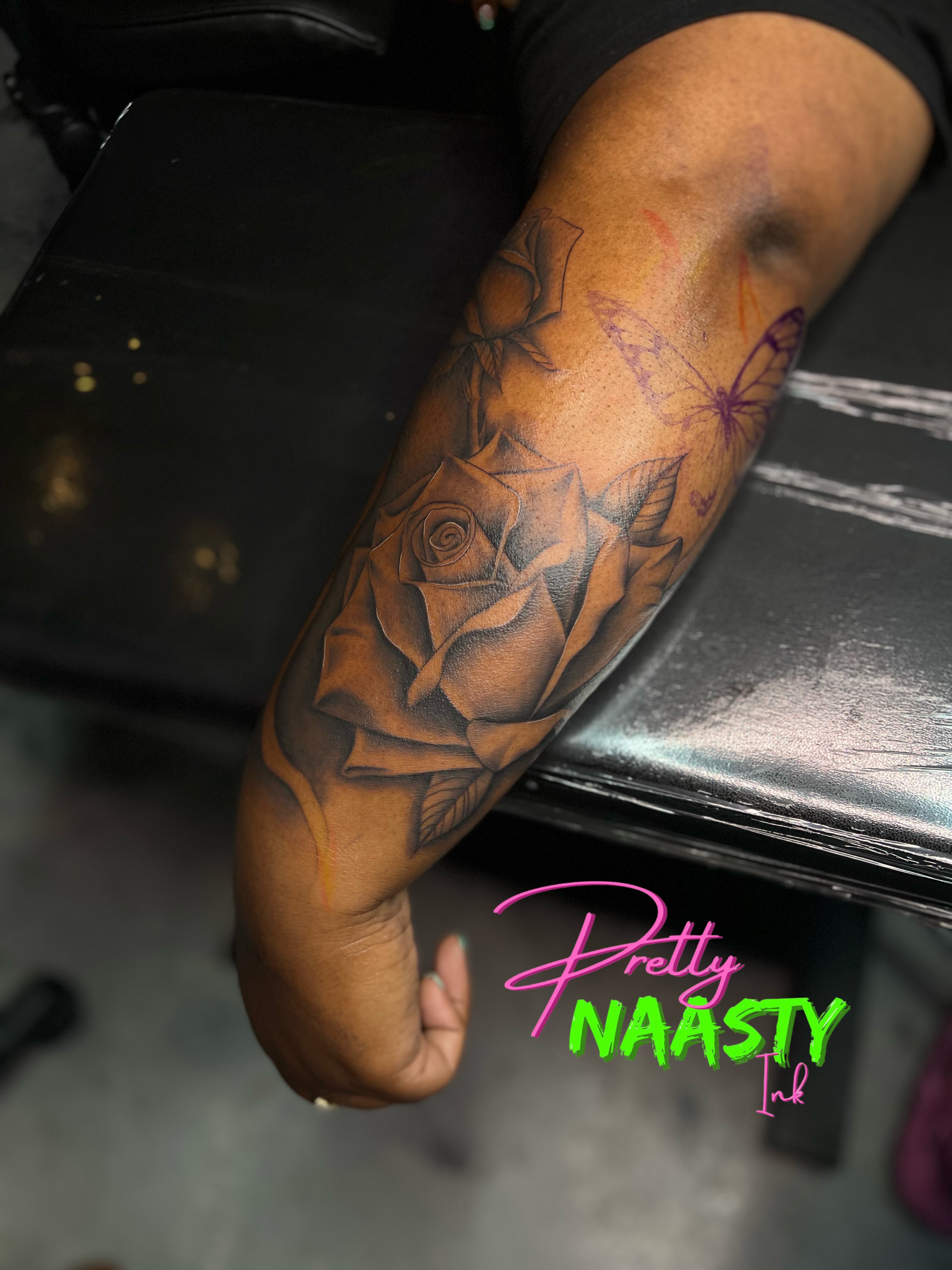 Roses and butterfly realism tattoo on the forearm by Pretty Naasty Ink🖤