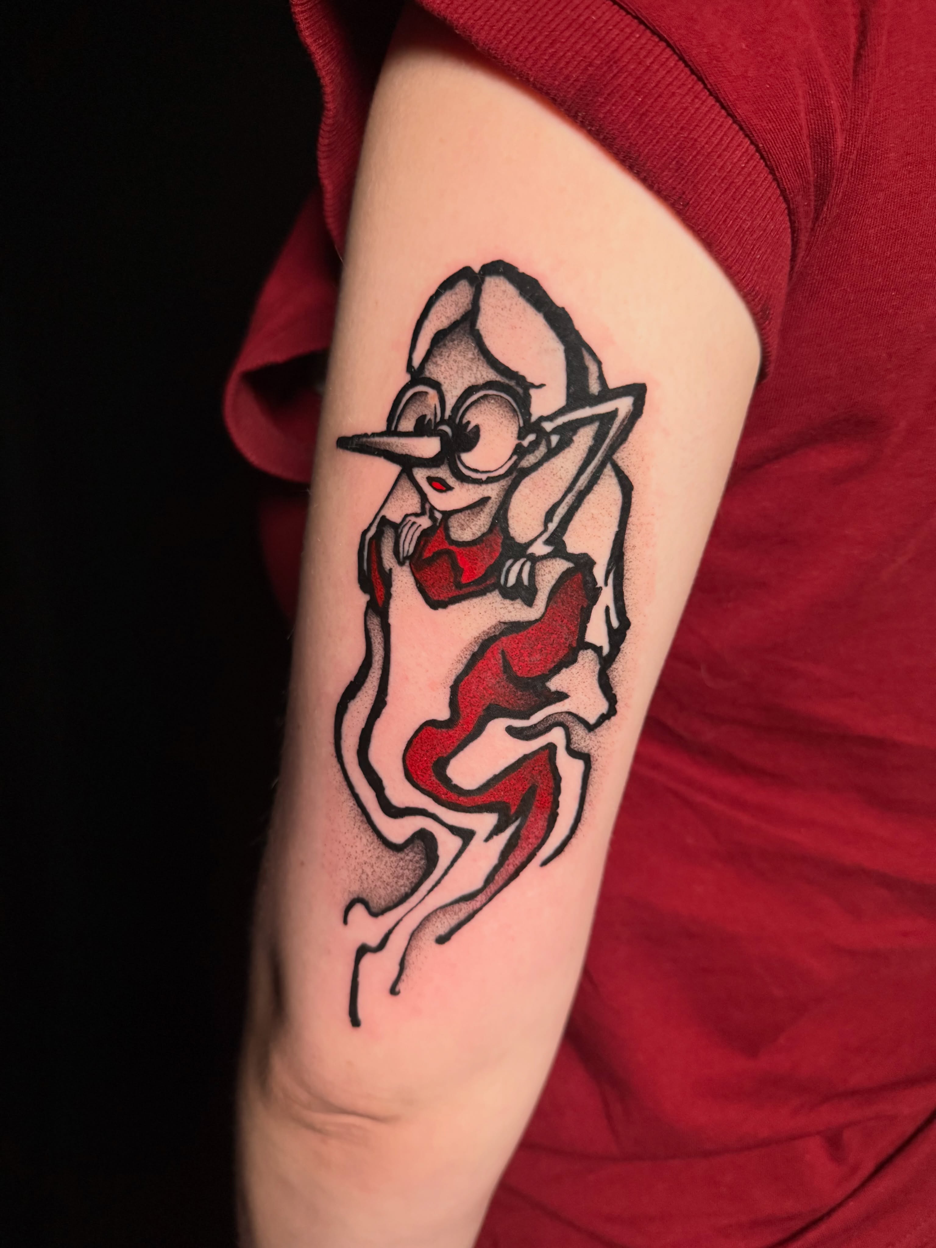 Elf ghost dotwork tattoo on the forearm by z o y a, Seattle, Washington