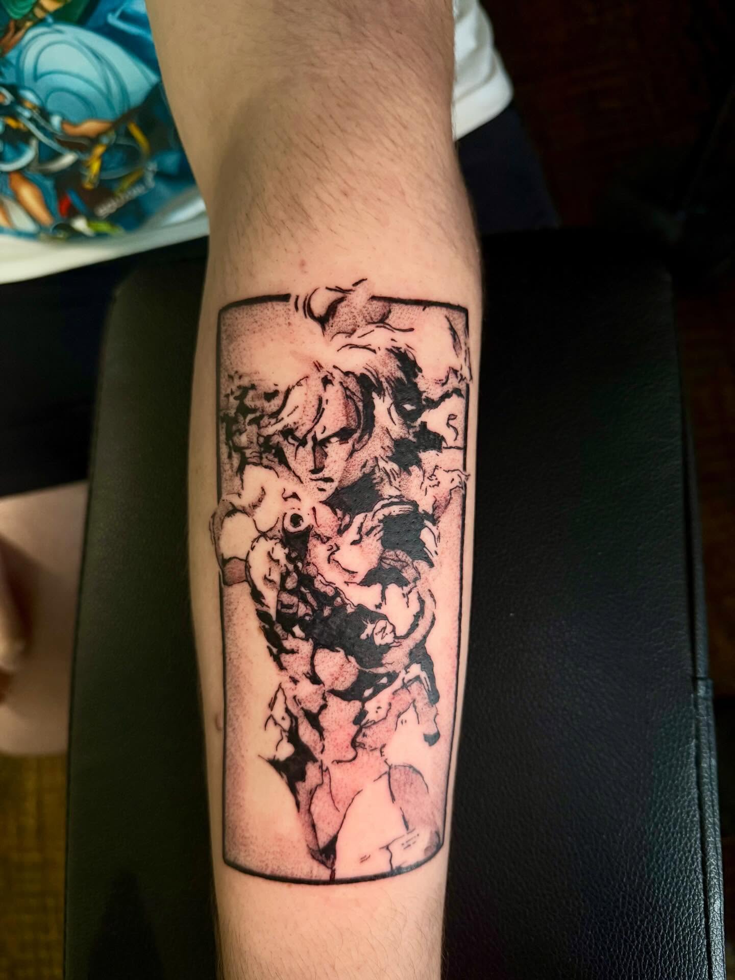 Dynamic battle scene dotwork tattoo on the forearm by C.J.K. Roy