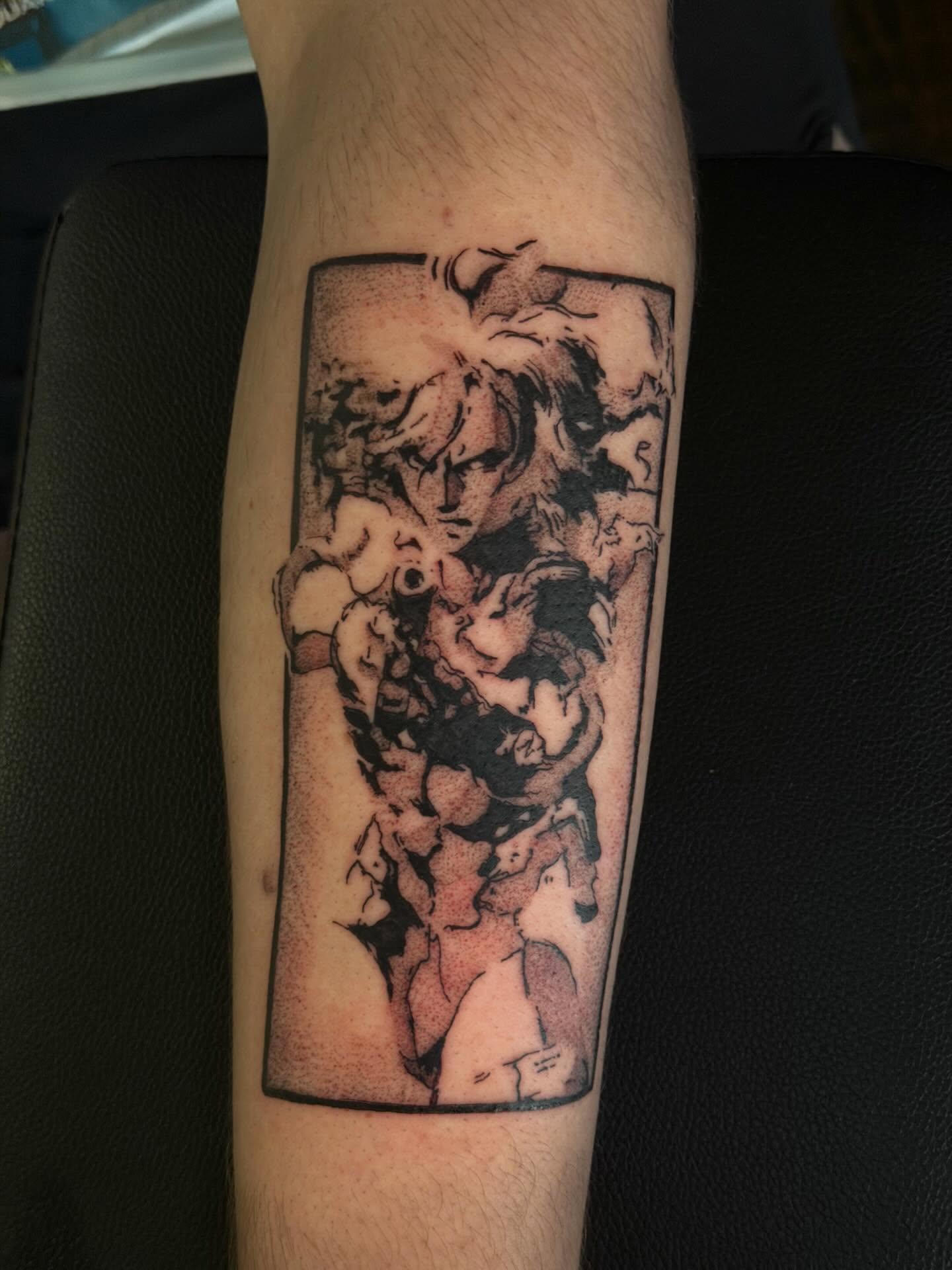 Manga-style character dotwork tattoo on the forearm by C.J.K. Roy