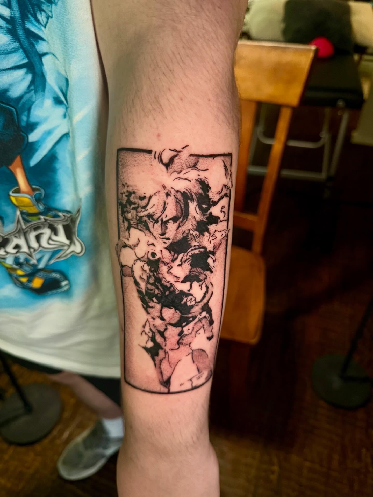 Anime character dotwork tattoo on the forearm by C.J.K. Roy