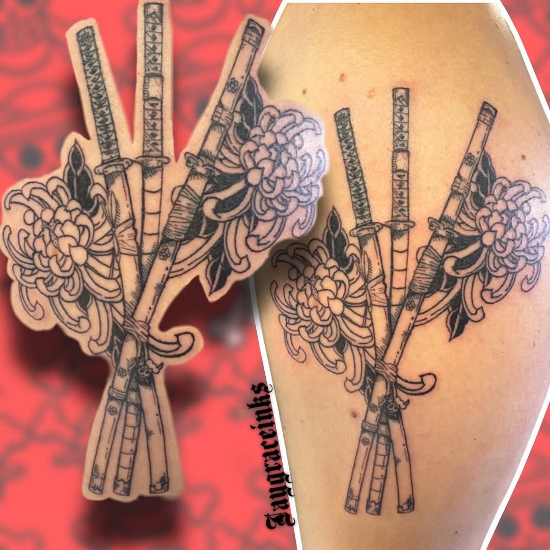 Swords and chrysanthemums tattoo on the thigh by ❦julia