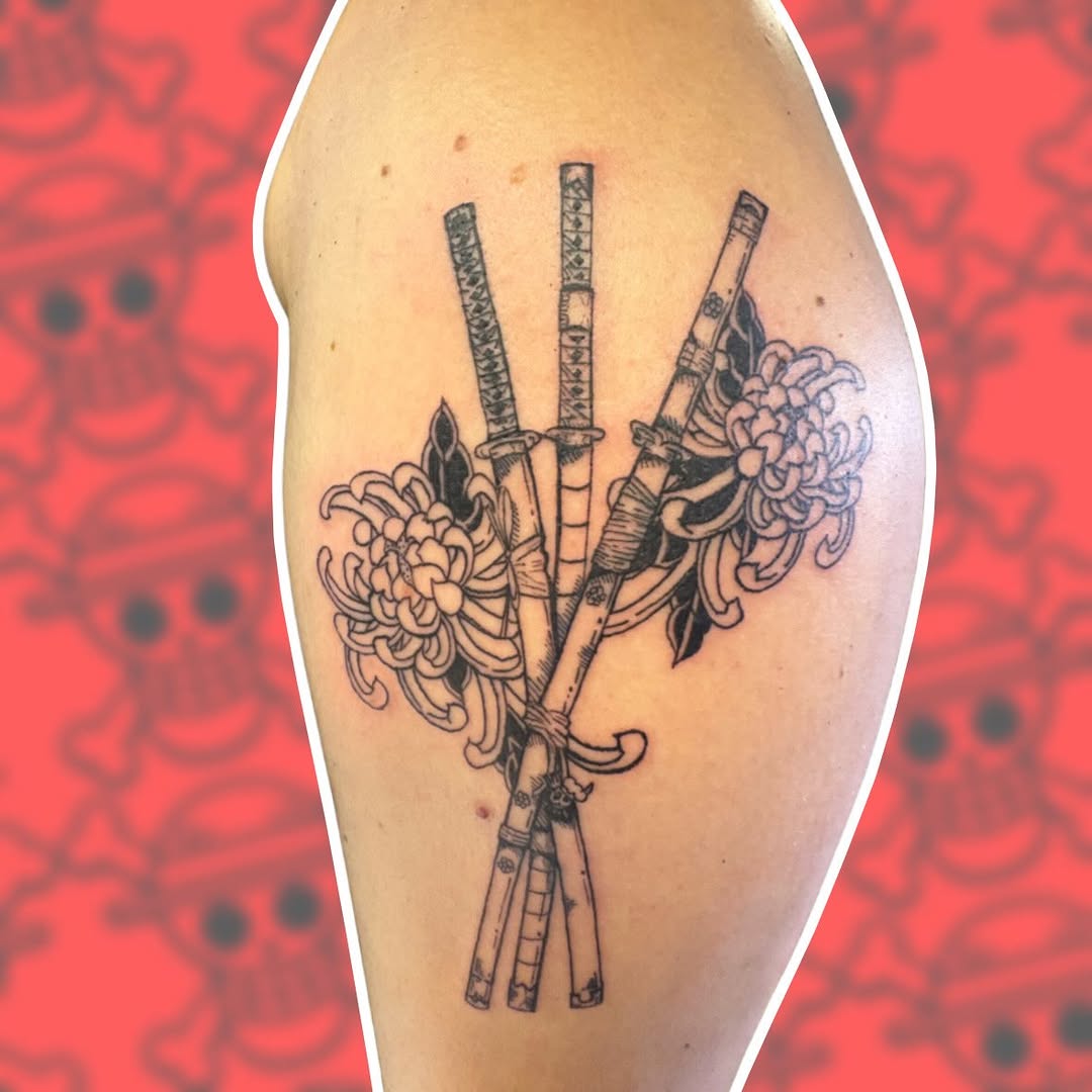 Swords and chrysanthemums fine line tattoo on the forearm by ❦julia