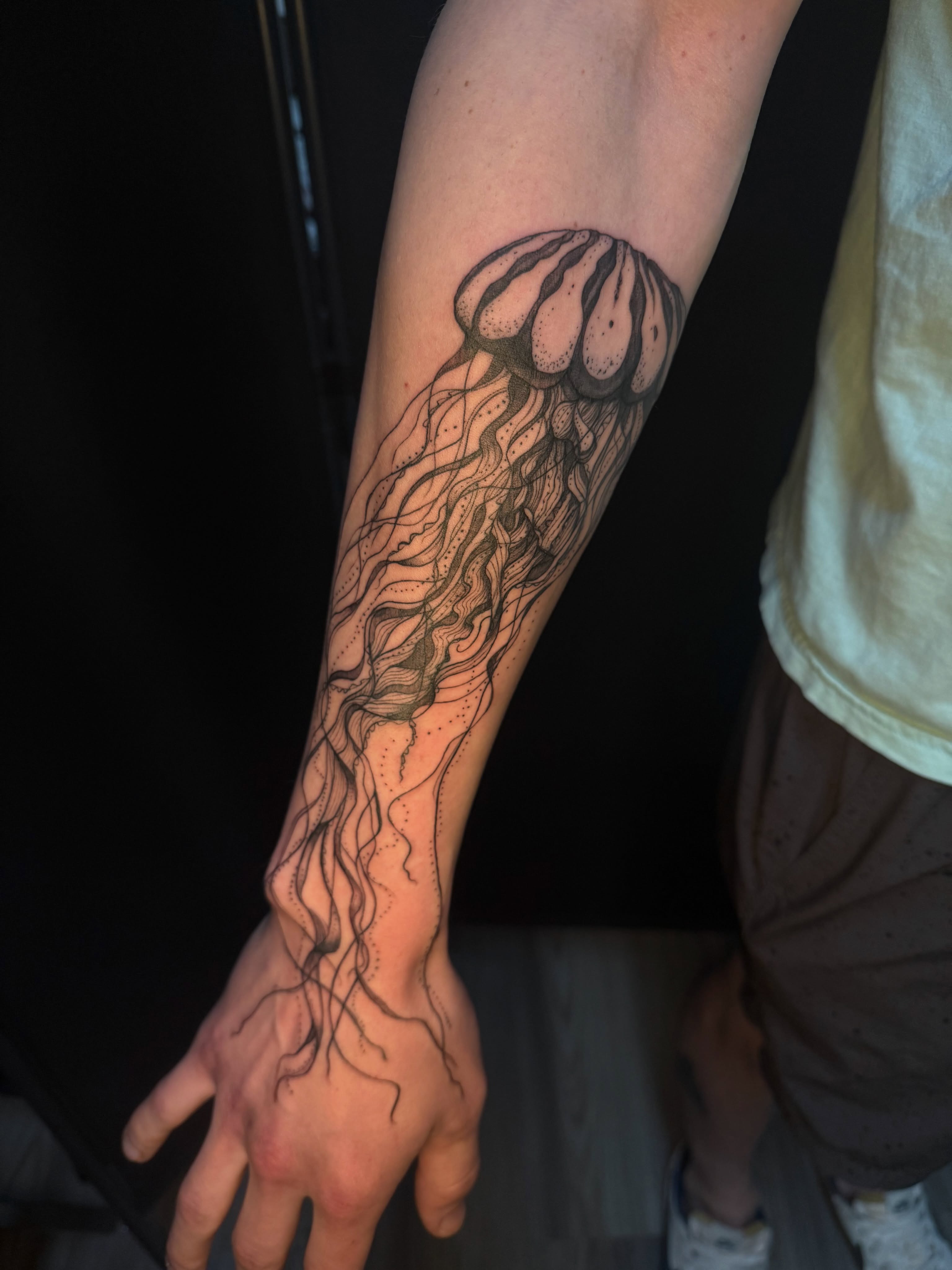 Jellyfish dotwork tattoo on the forearm by Rachel Hanke
