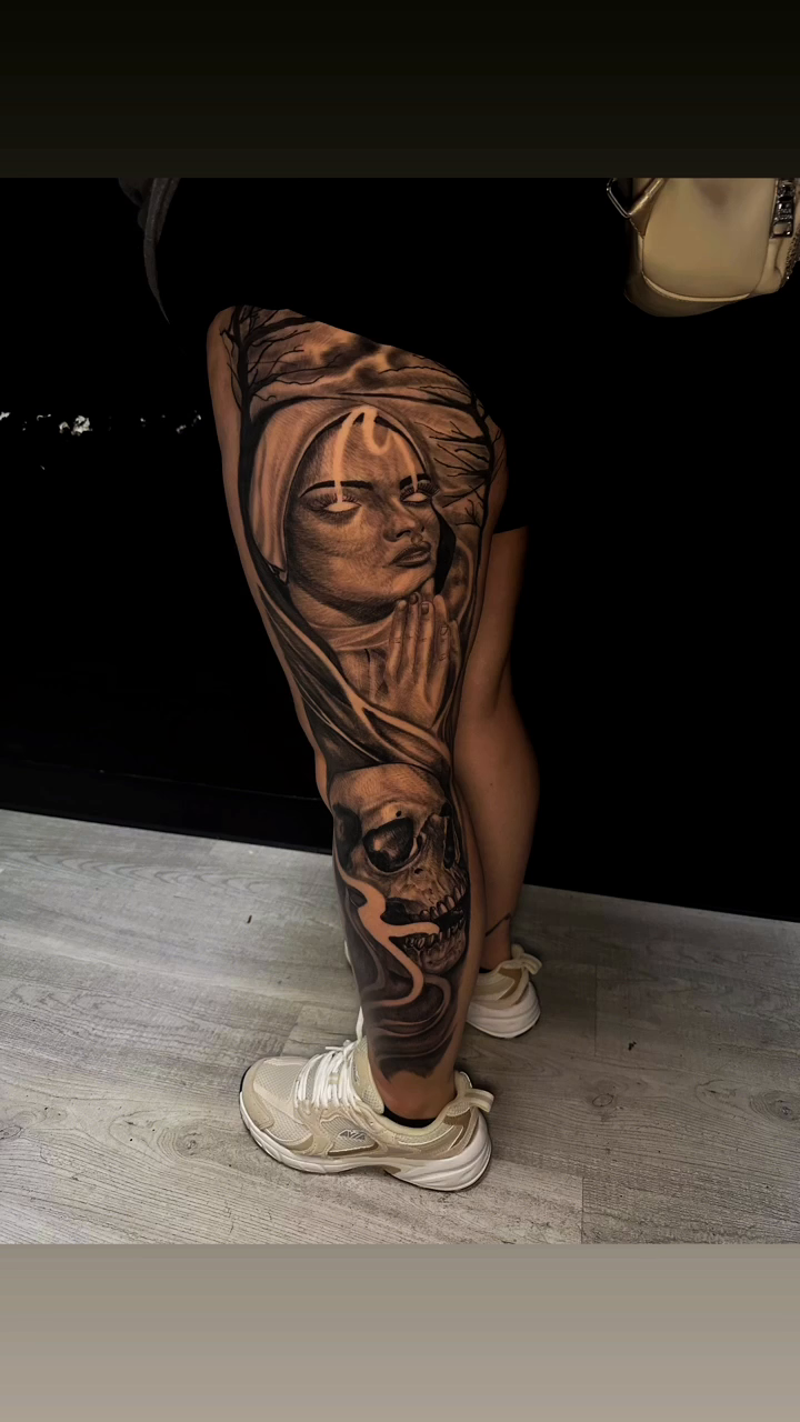 Portrait of a woman and skull realism tattoo by Aj Negrete Jr.
