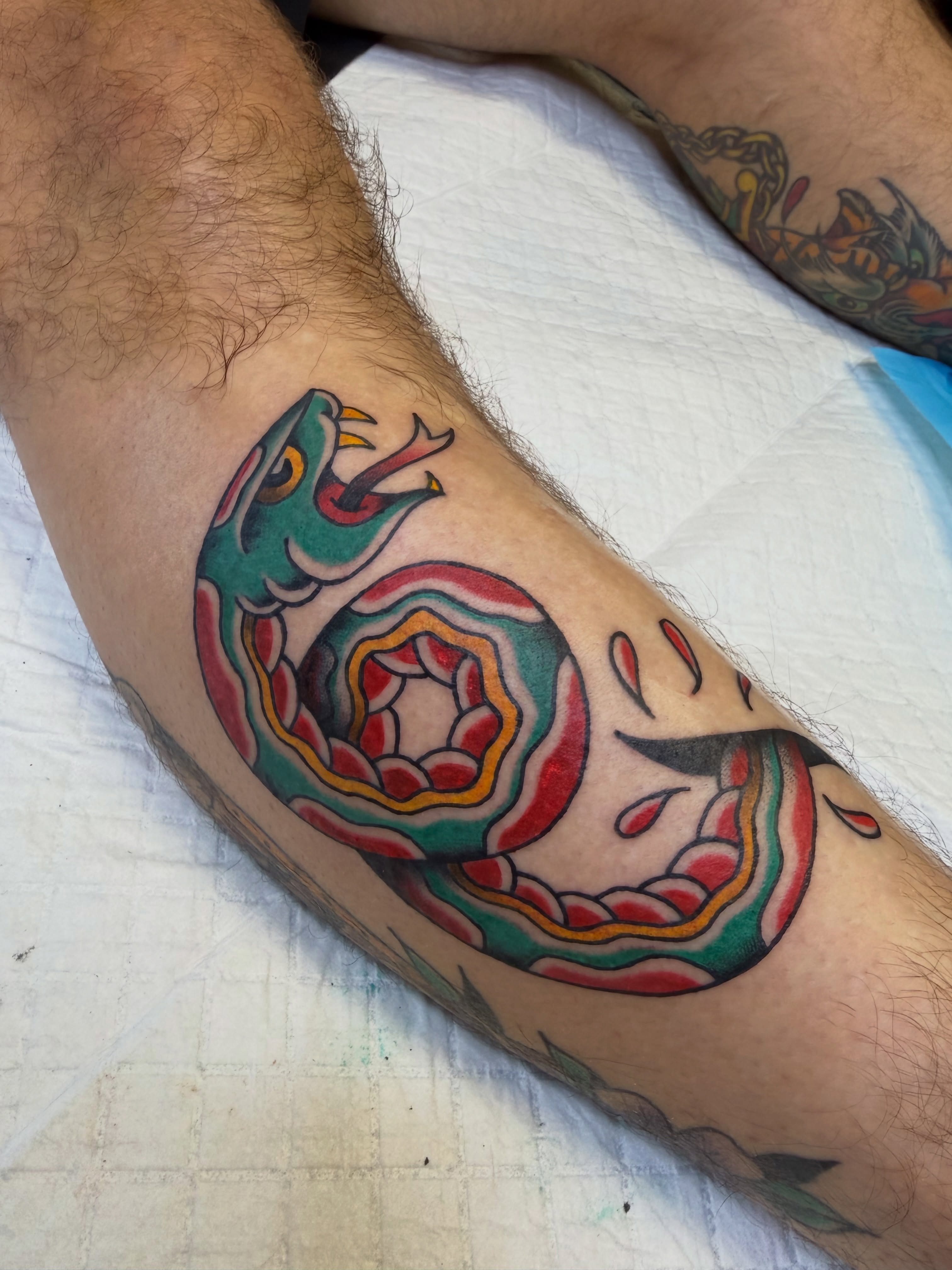Snake American traditional tattoo on the forearm by Nick Tumminello