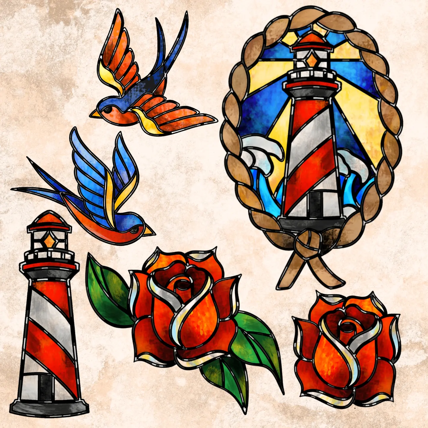 Lighthouse and roses American traditional tattoo by Hannah Hayes, Livonia, Michigan