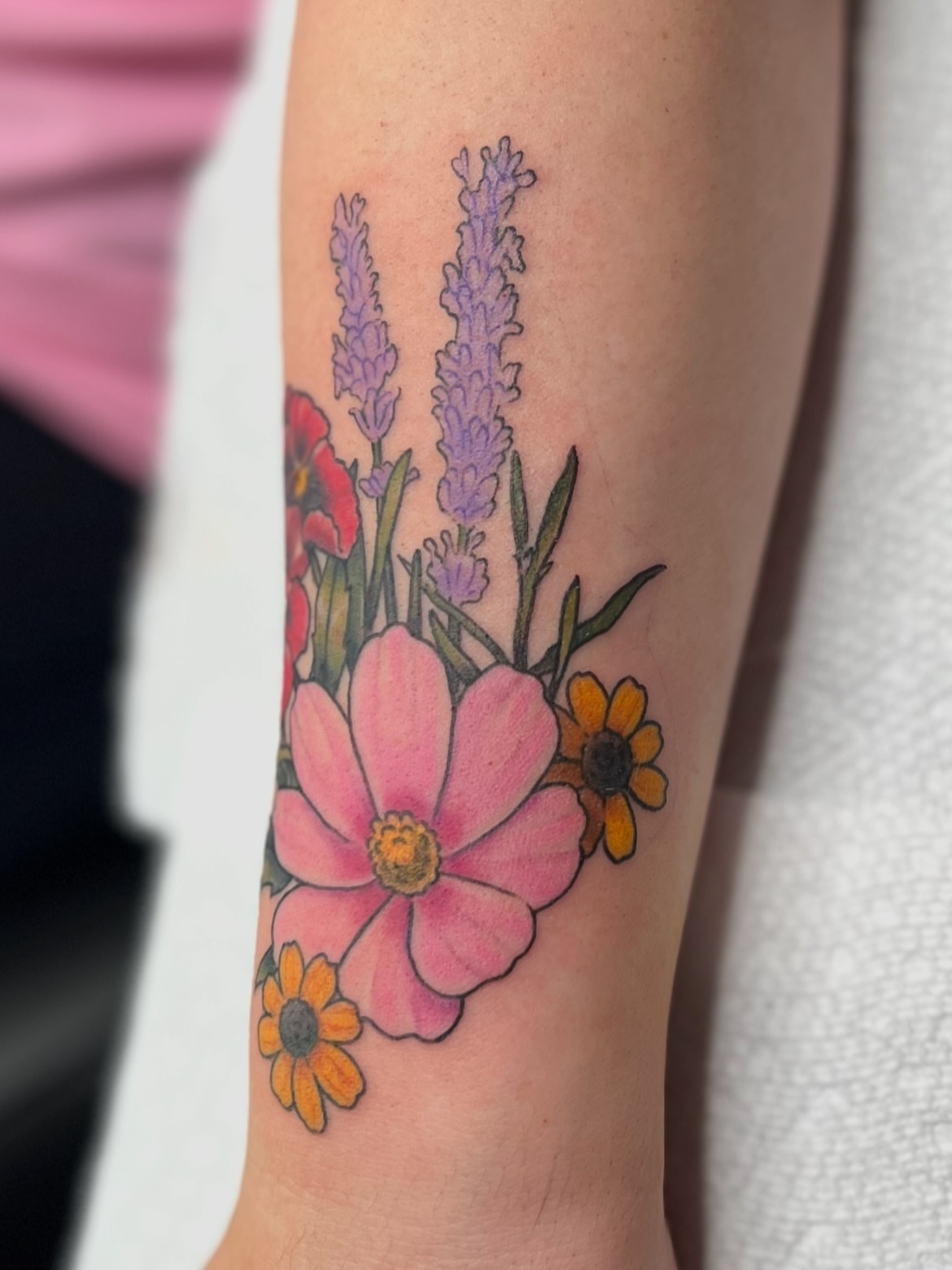 Floral bouquet new school tattoo on the forearm by 𝗕𝗿𝗮𝗻𝗱𝘆  𝗪𝗼𝗼𝗱𝗳𝗼𝗿𝗱