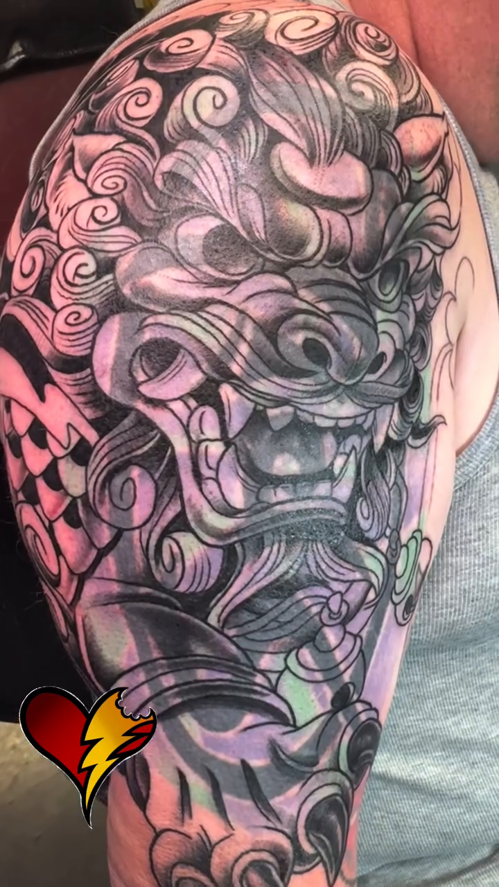 Foo dog japanese irezumi tattoo by Joe Capobianco, New Haven, Connecticut
