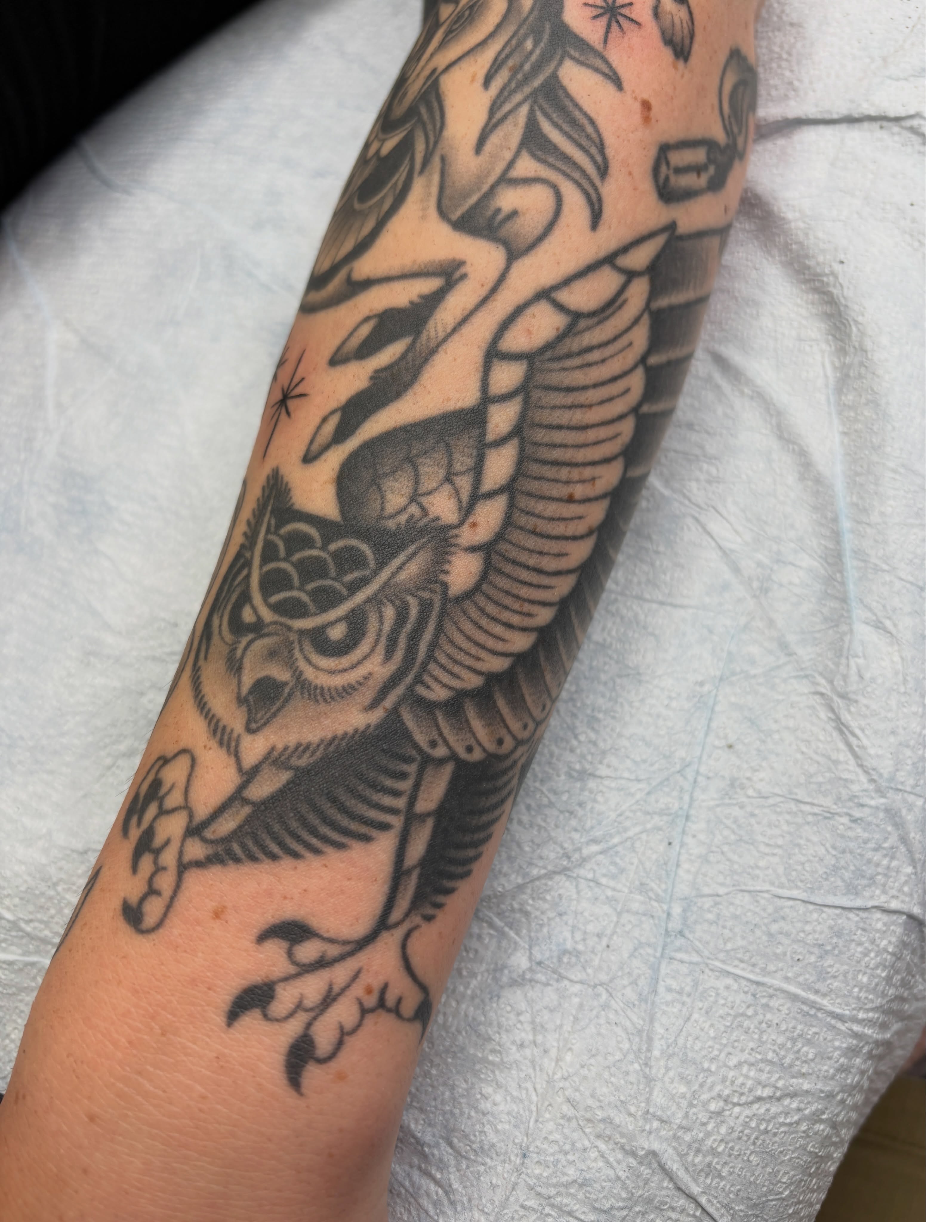 Owl American traditional tattoo on the forearm by Josh Johns