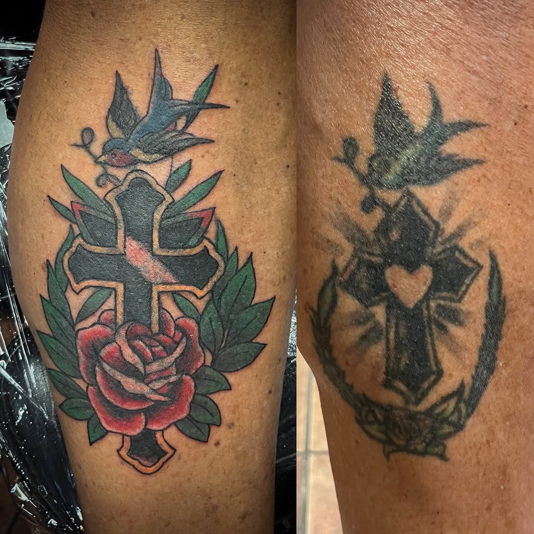 Cross with rose and bird neo-traditional tattoo on the thigh by Melissa Peña NYC