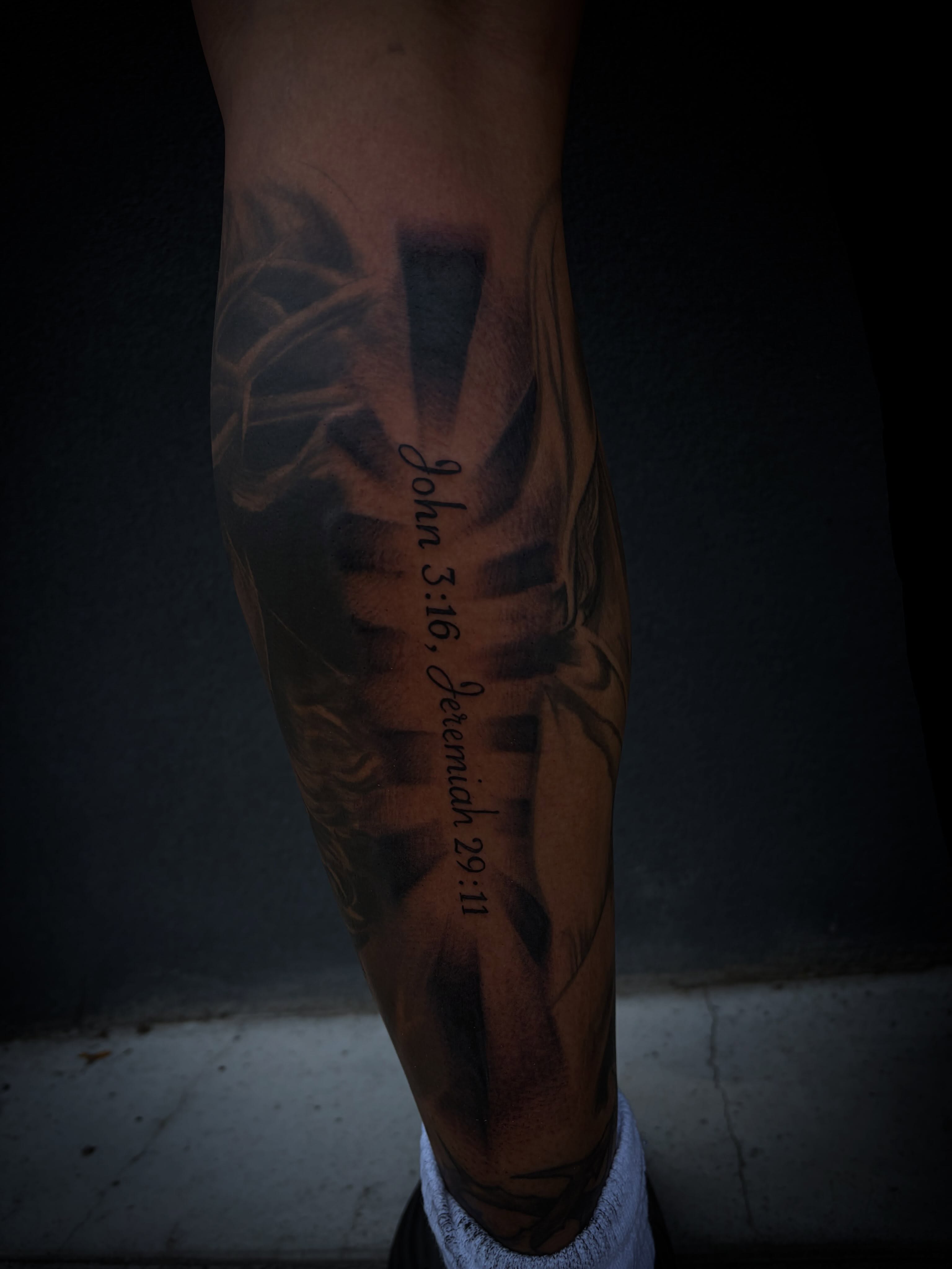 Religious script black and grey tattoo on the forearm by Tattoo Artist Lilliann:)