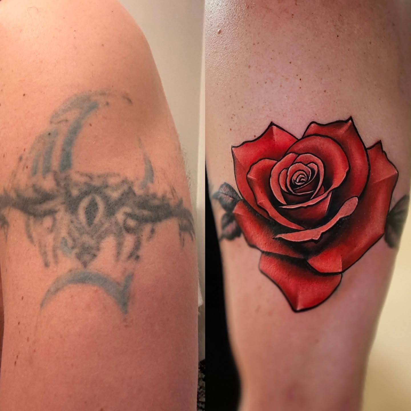 Red rose realism tattoo on the forearm by Justin J-rust Smith