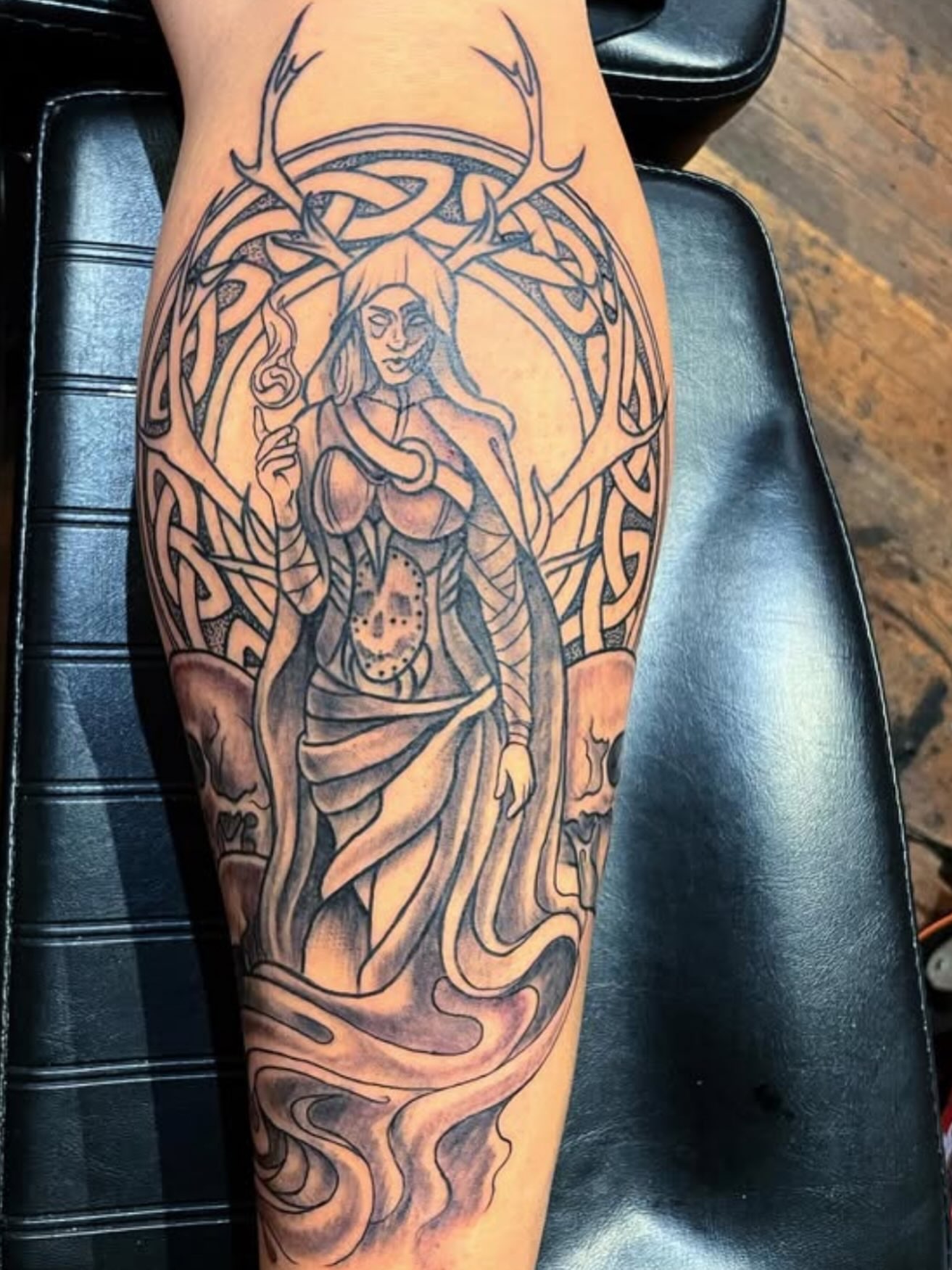 Woman with antlers geometric tattoo on the forearm by Josh O’ + Bird ☘️ 🪶