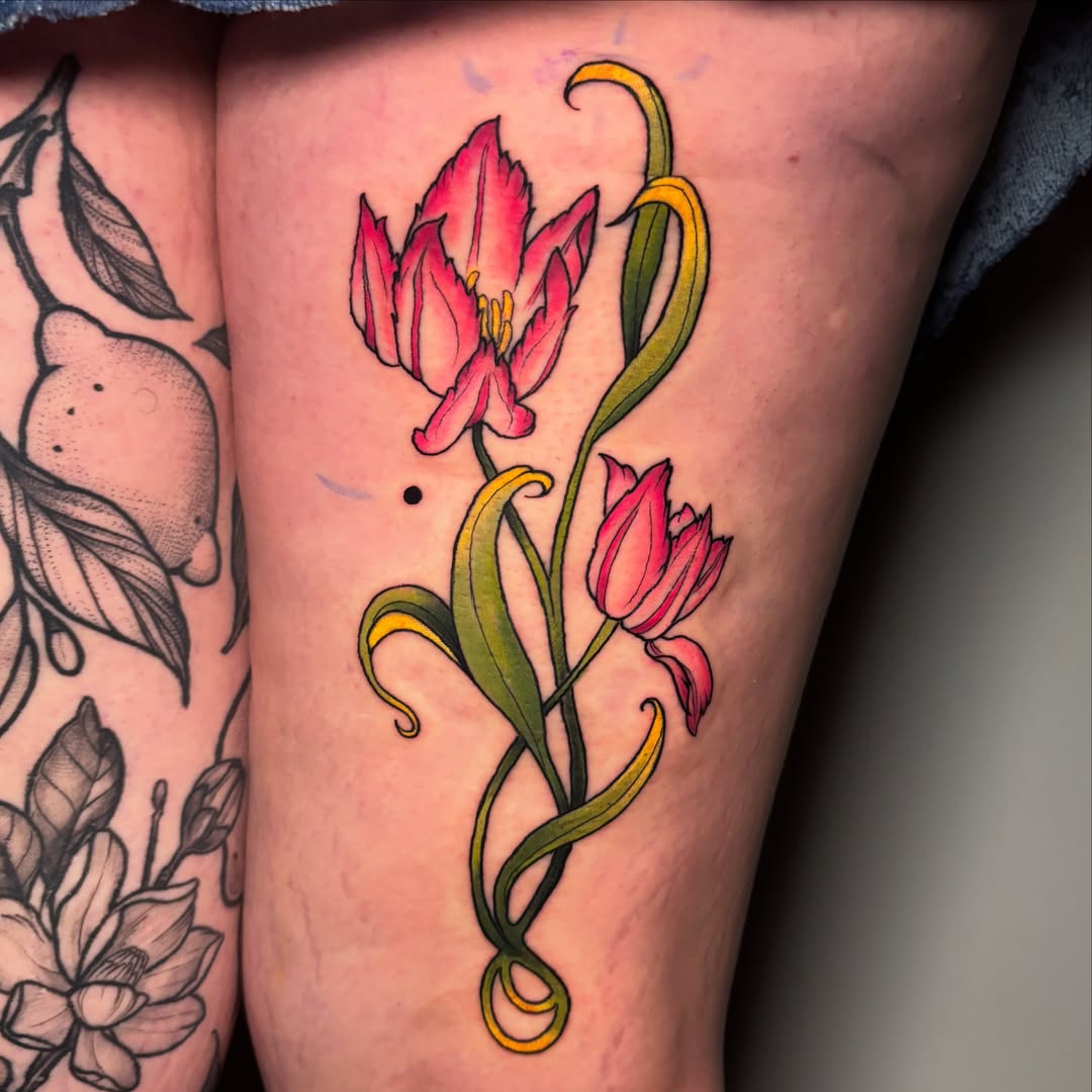 Tulips new school tattoo on the thigh by ✨REiD✨